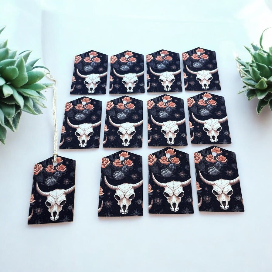 12 X Cow Skull Gift Tags, Gift Wrapping, Luggage Tags, Card Making