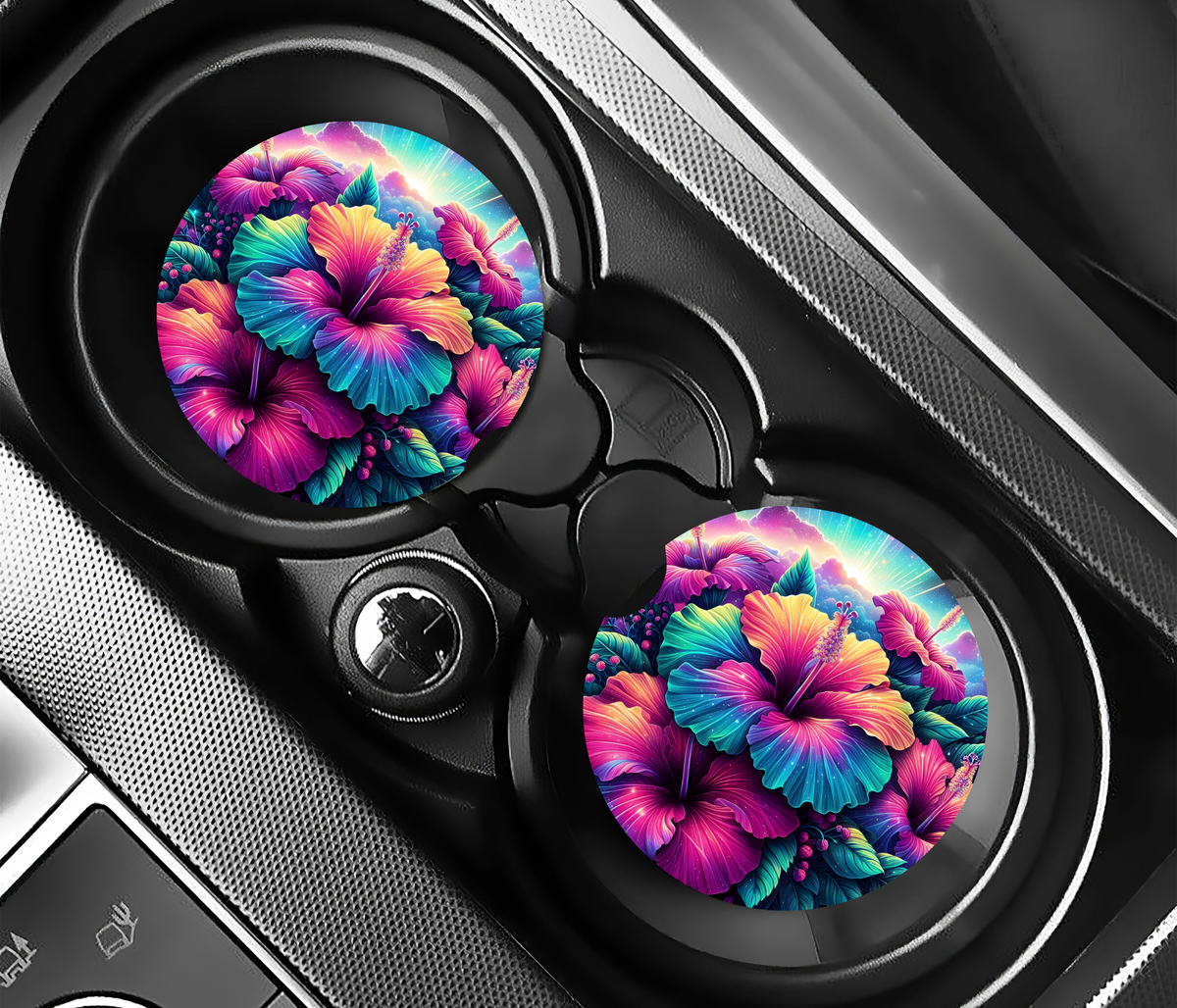 Premium Neoprene Neon Hibiscus Car Coasters | Drink Holders for Your Car Console - Set of 2