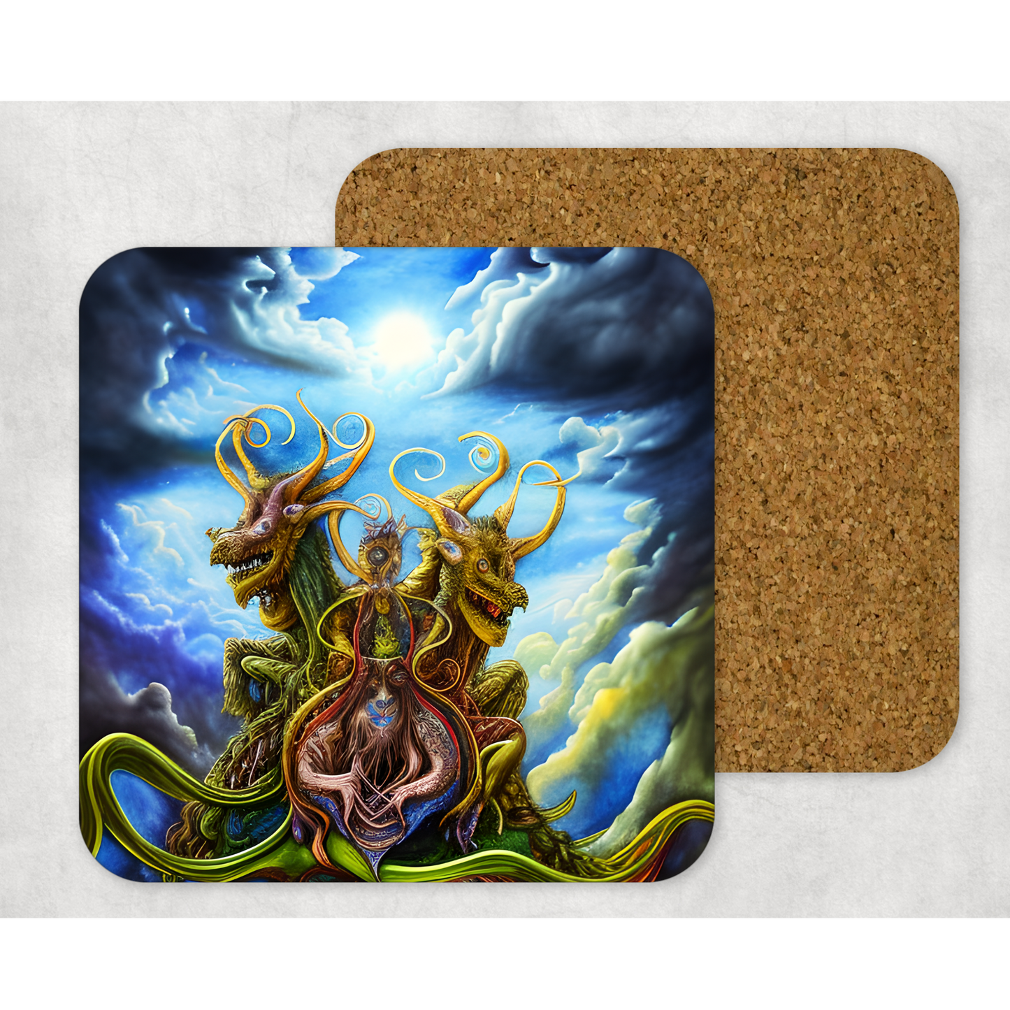 Beautifully Printed 3 Headed Monster wooden Coasters for Stylish Home Décor