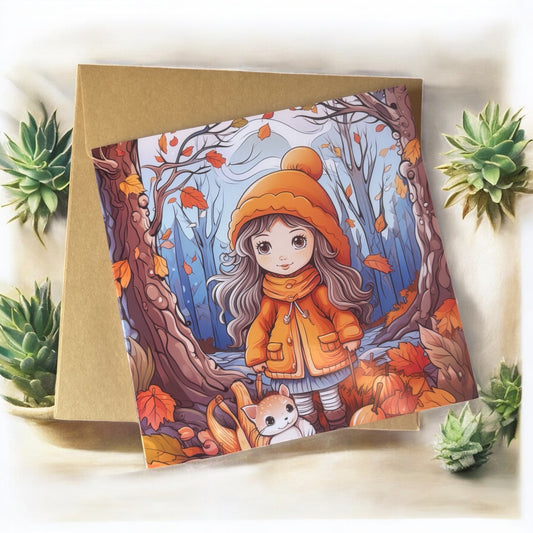Autumn Girl Greeting Card –Illustrated Blank Birthday Card