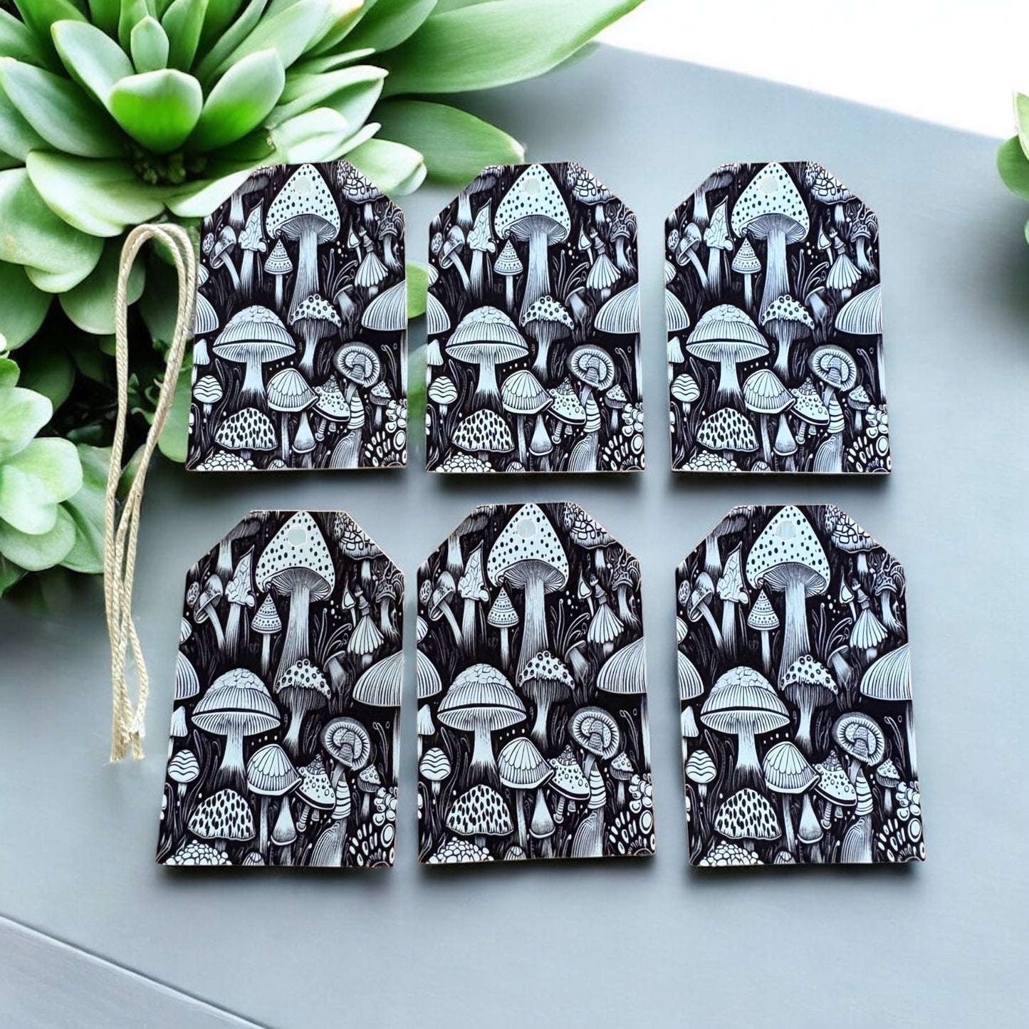 12 X Black & White Mushrooms Gift Tags, Gift Wrapping, Luggage Tags, Card Making