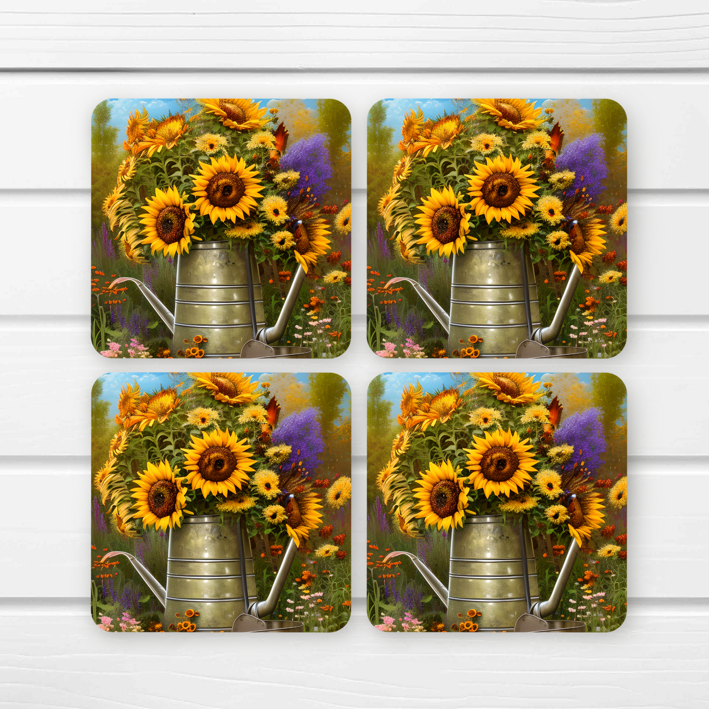Beautifully Printed Autumn Flowers in Watering Can wooden Coasters for Stylish Home Décor