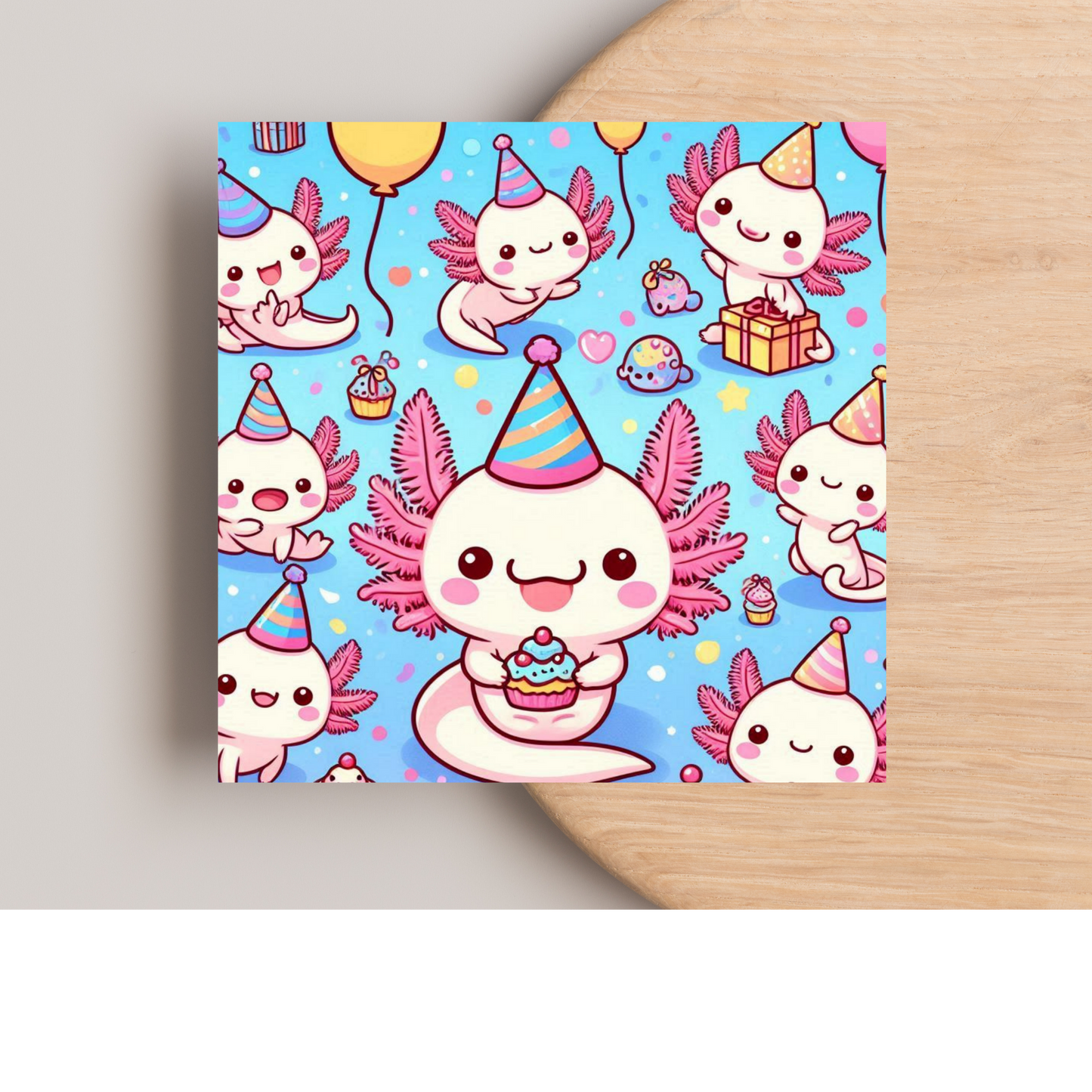 Axolotl Party Greeting Card –Illustrated Blank Birthday Card