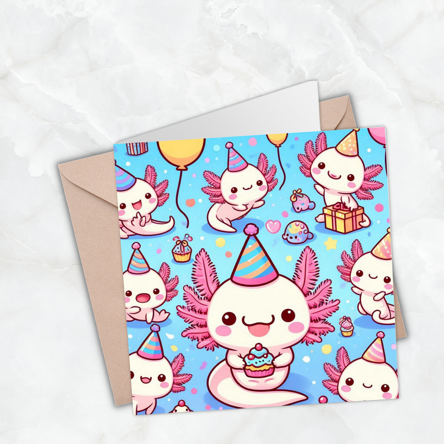 Axolotl Party Greeting Card –Illustrated Blank Birthday Card