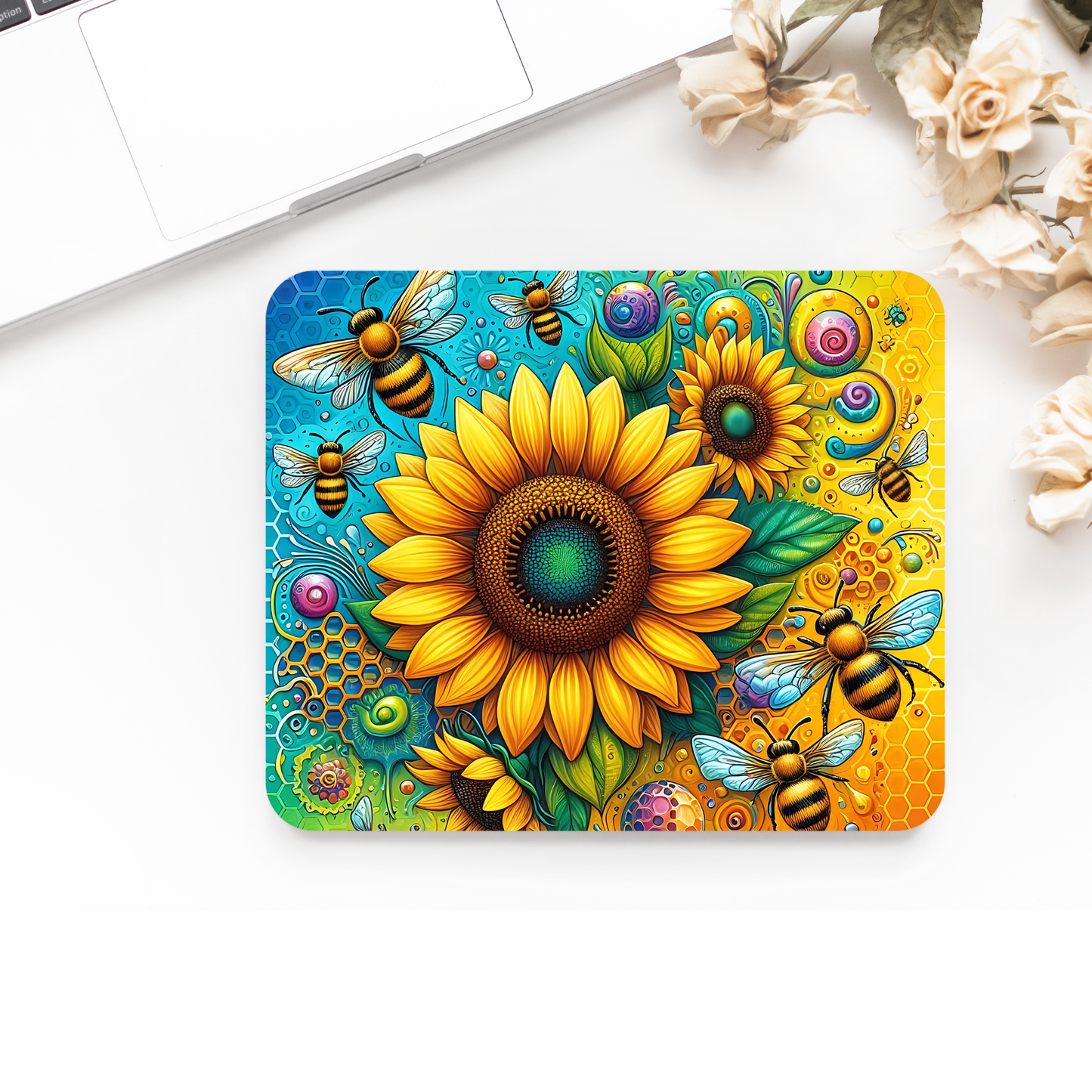 Printed Anti-Slip Mouse Mat Pad - Bee Sunflower Design