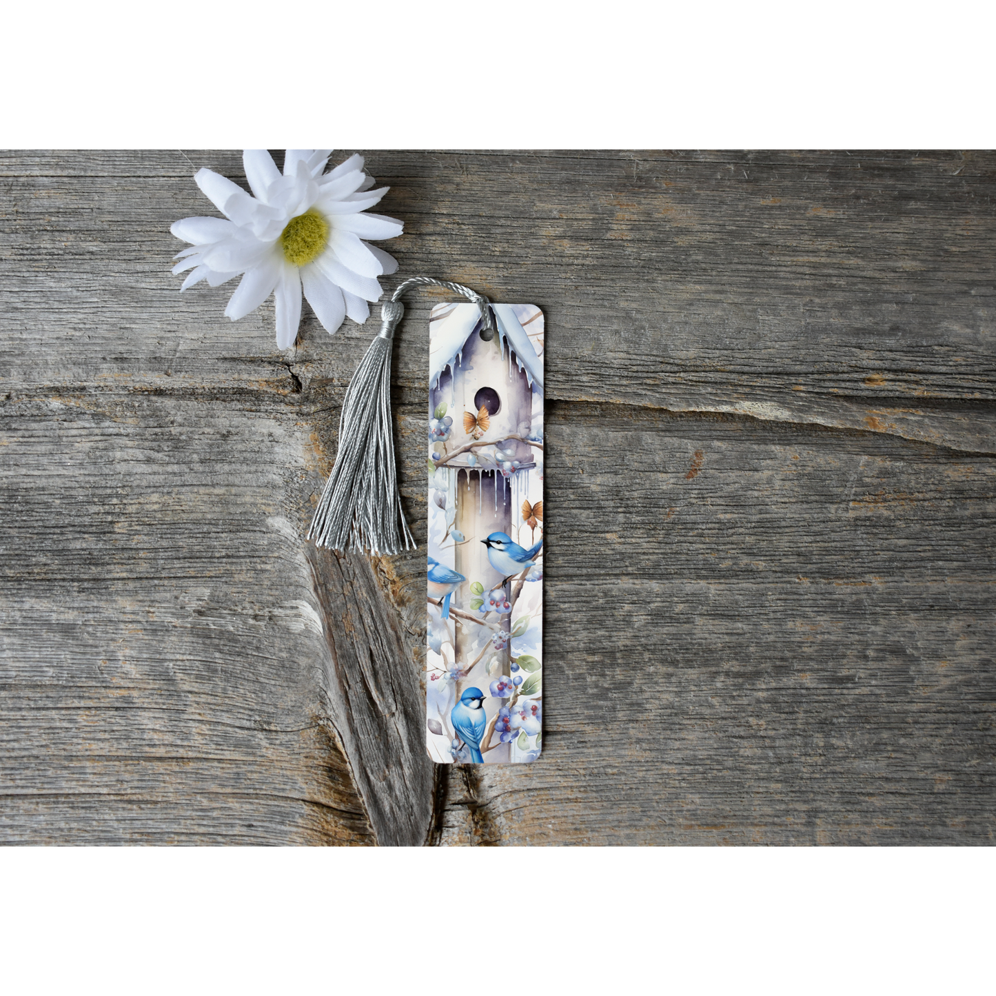 Blue Birds Aluminium Bookmark with Tassel - Stylish Metal Page Marker for Books and Journals