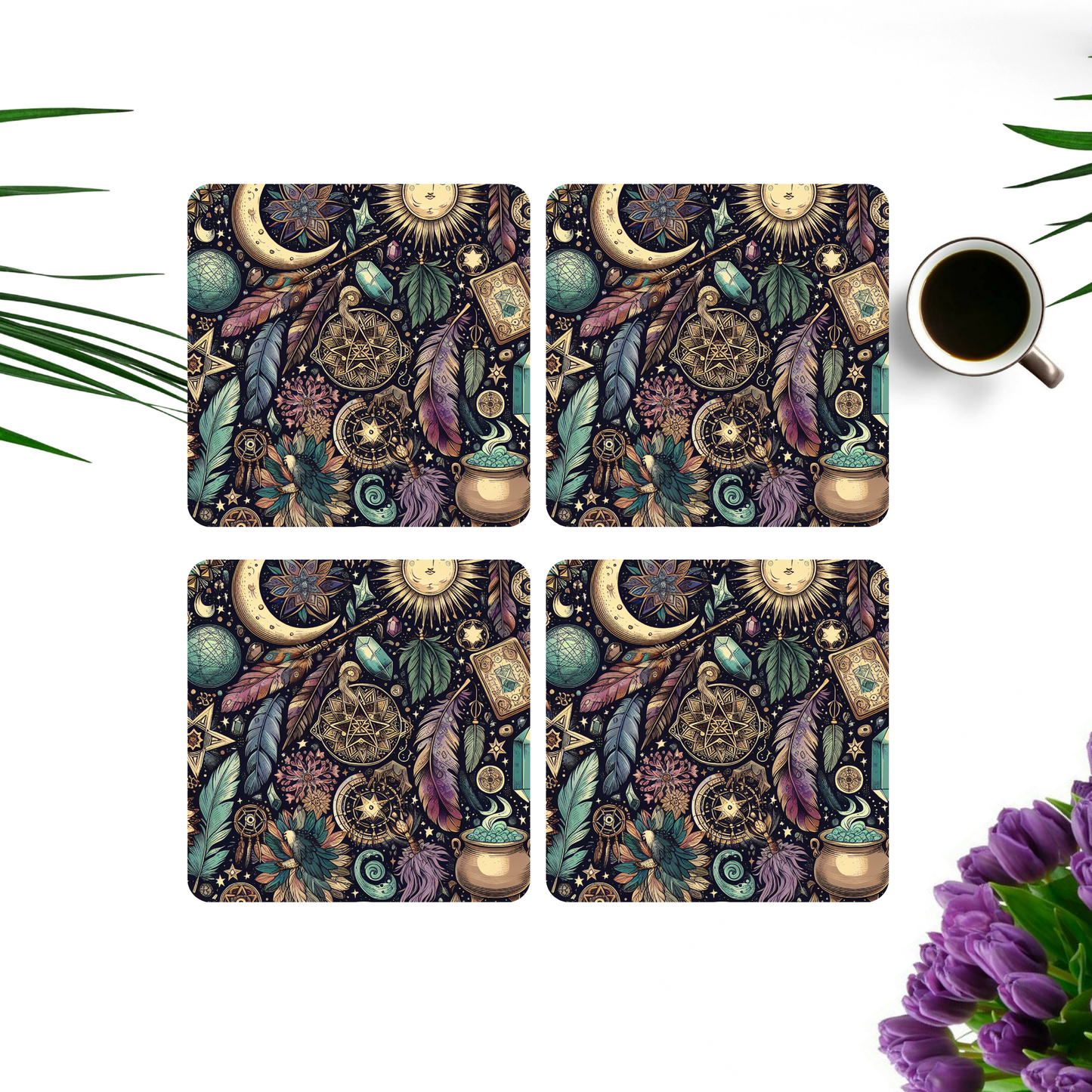 Beautifully Printed Boho Witchy Wooden Coasters for Stylish Home Décor