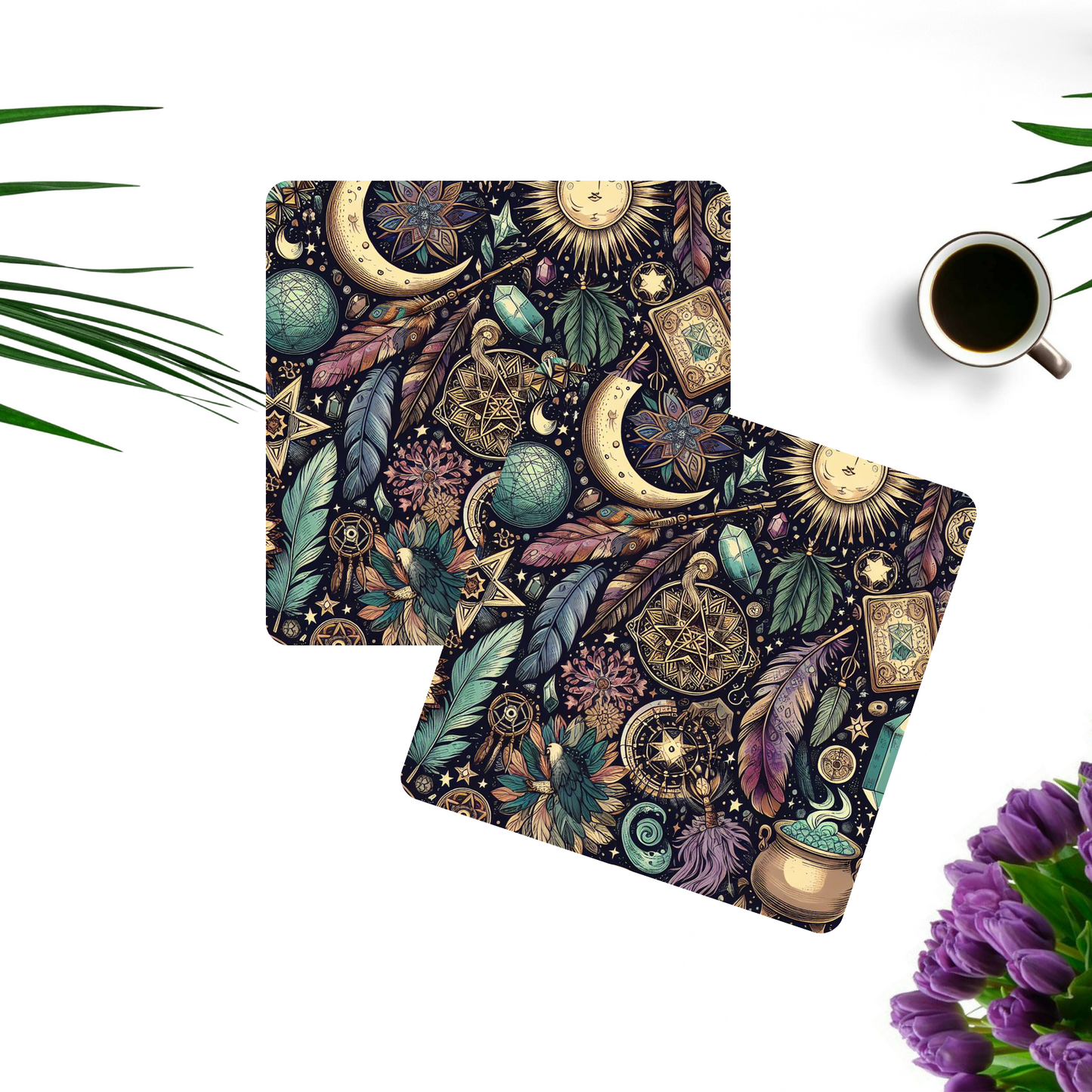 Beautifully Printed Boho Witchy Wooden Coasters for Stylish Home Décor