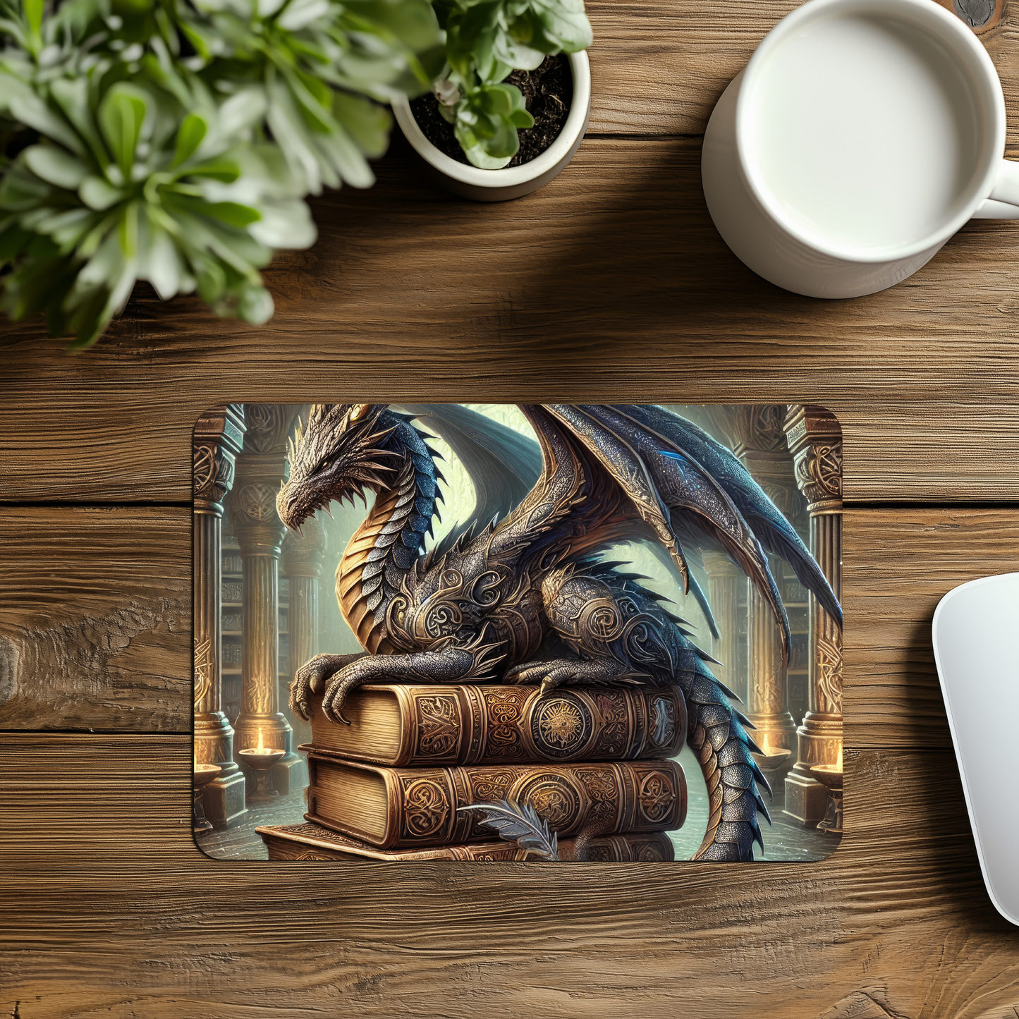 Printed Anti-Slip Mouse Mat Pad - Book Dragon Design