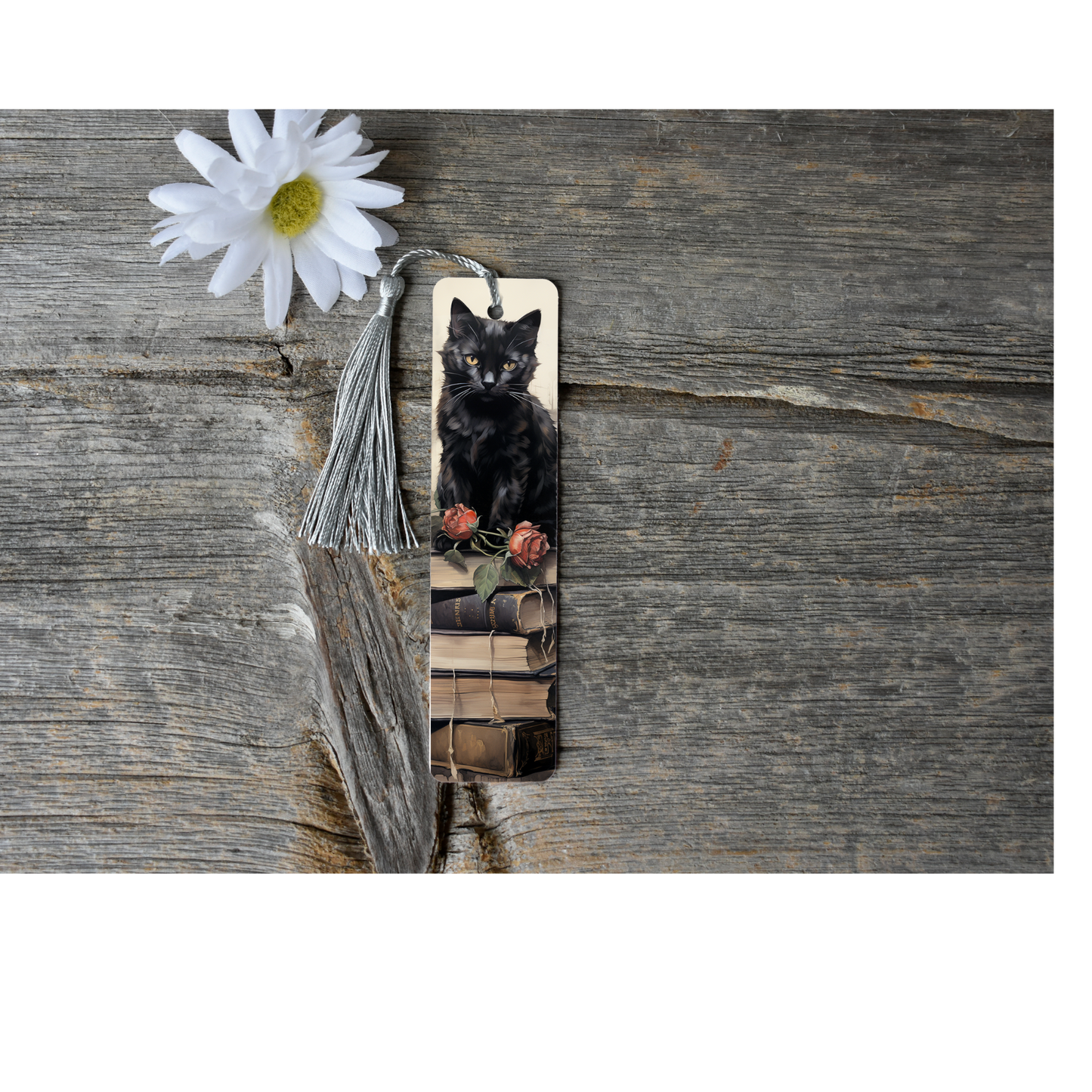 Cat on Books Aluminium Bookmark with Tassel - Stylish Metal Page Marker for Books and Journals