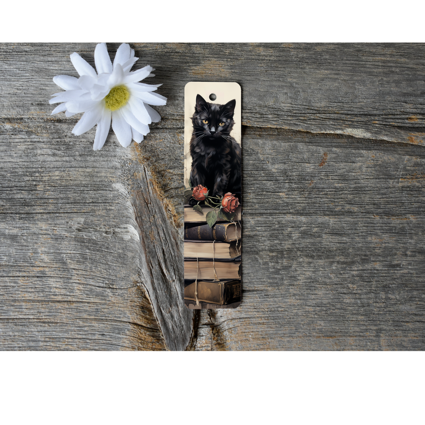 Cat on Books Aluminium Bookmark with Tassel - Stylish Metal Page Marker for Books and Journals