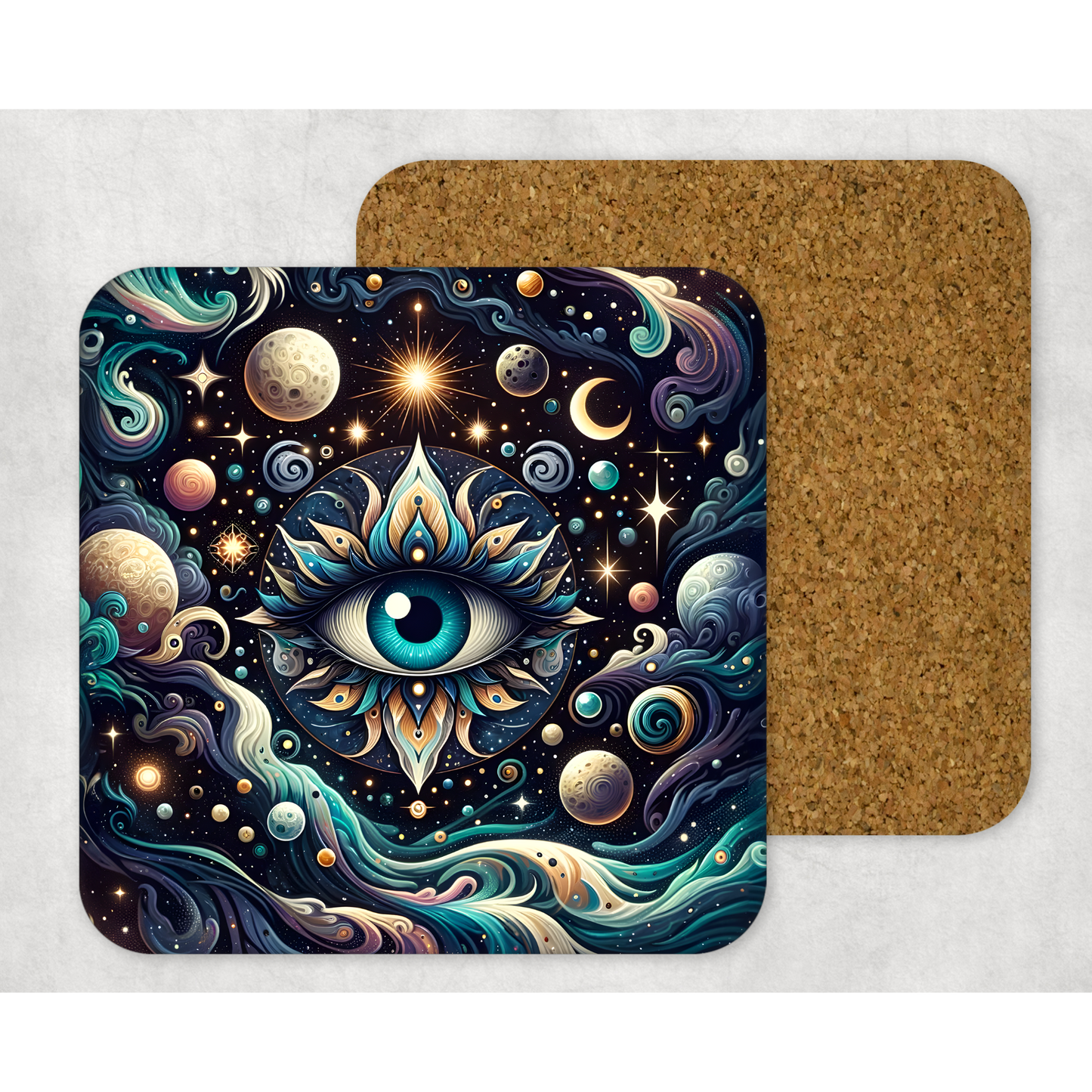 Beautifully Printed Celestial Eye Wooden Coasters for Stylish Home Décor
