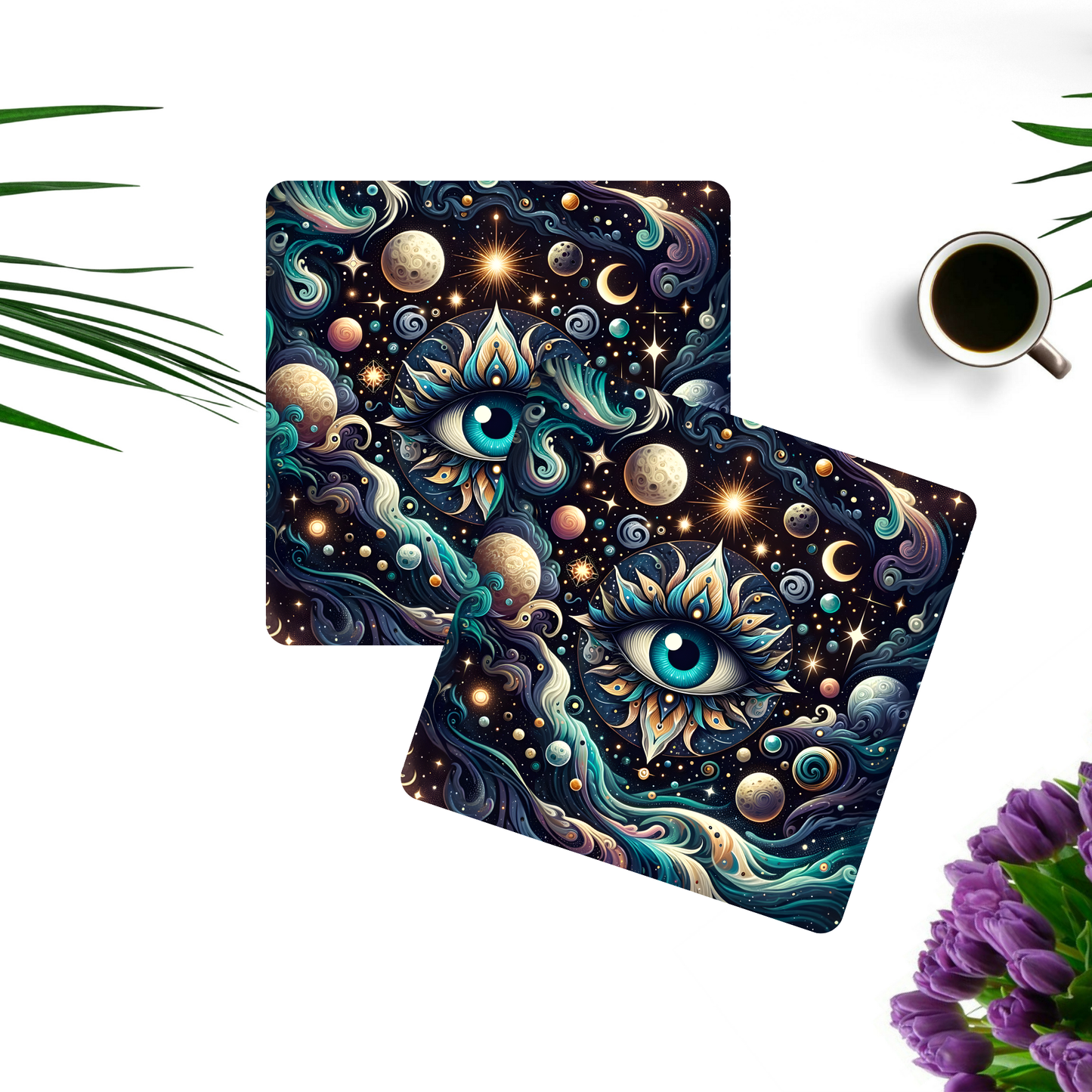 Beautifully Printed Celestial Eye Wooden Coasters for Stylish Home Décor