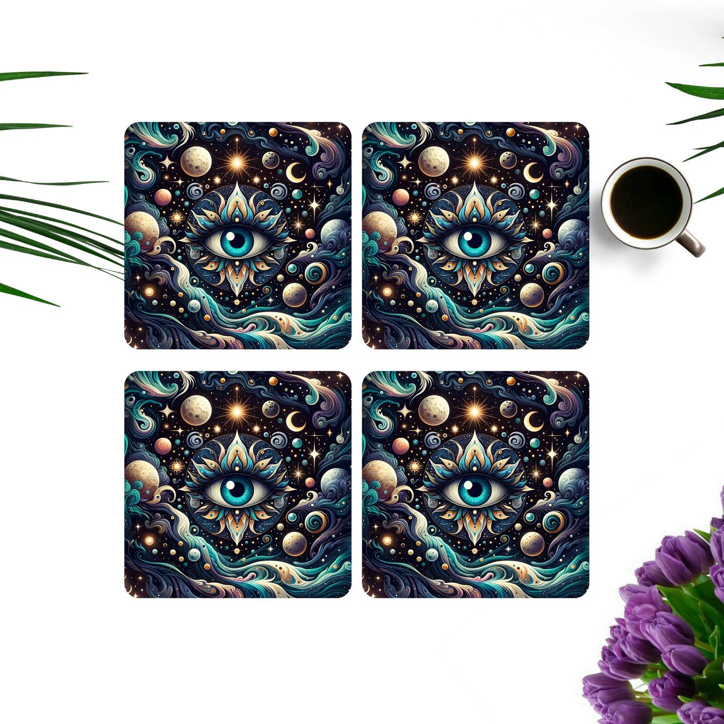 Beautifully Printed Celestial Eye Wooden Coasters for Stylish Home Décor