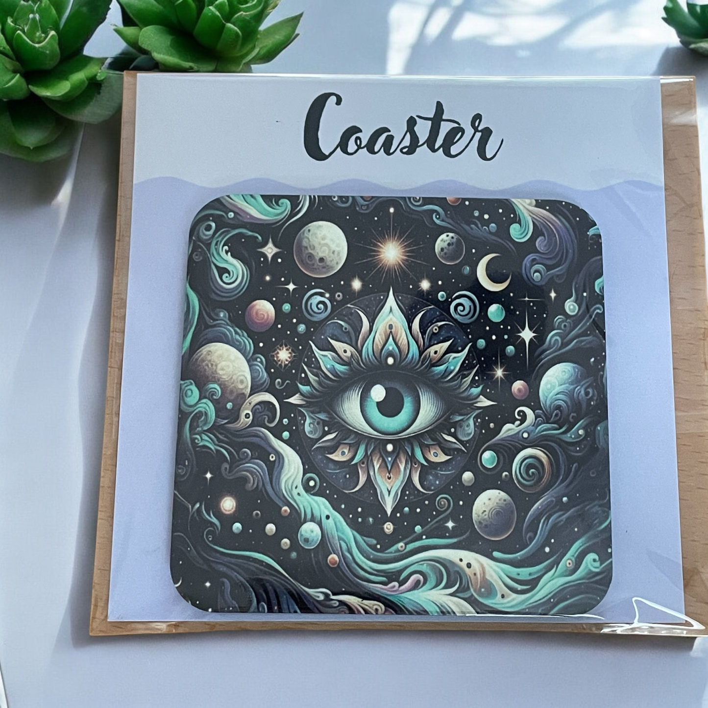 Beautifully Printed Celestial Eye Wooden Coasters for Stylish Home Décor