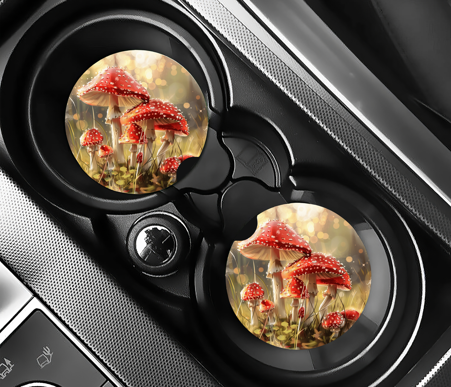Premium Neoprene Red & White Mushrooms Car Coasters | Drink Holders for Your Car Console - Set of 2