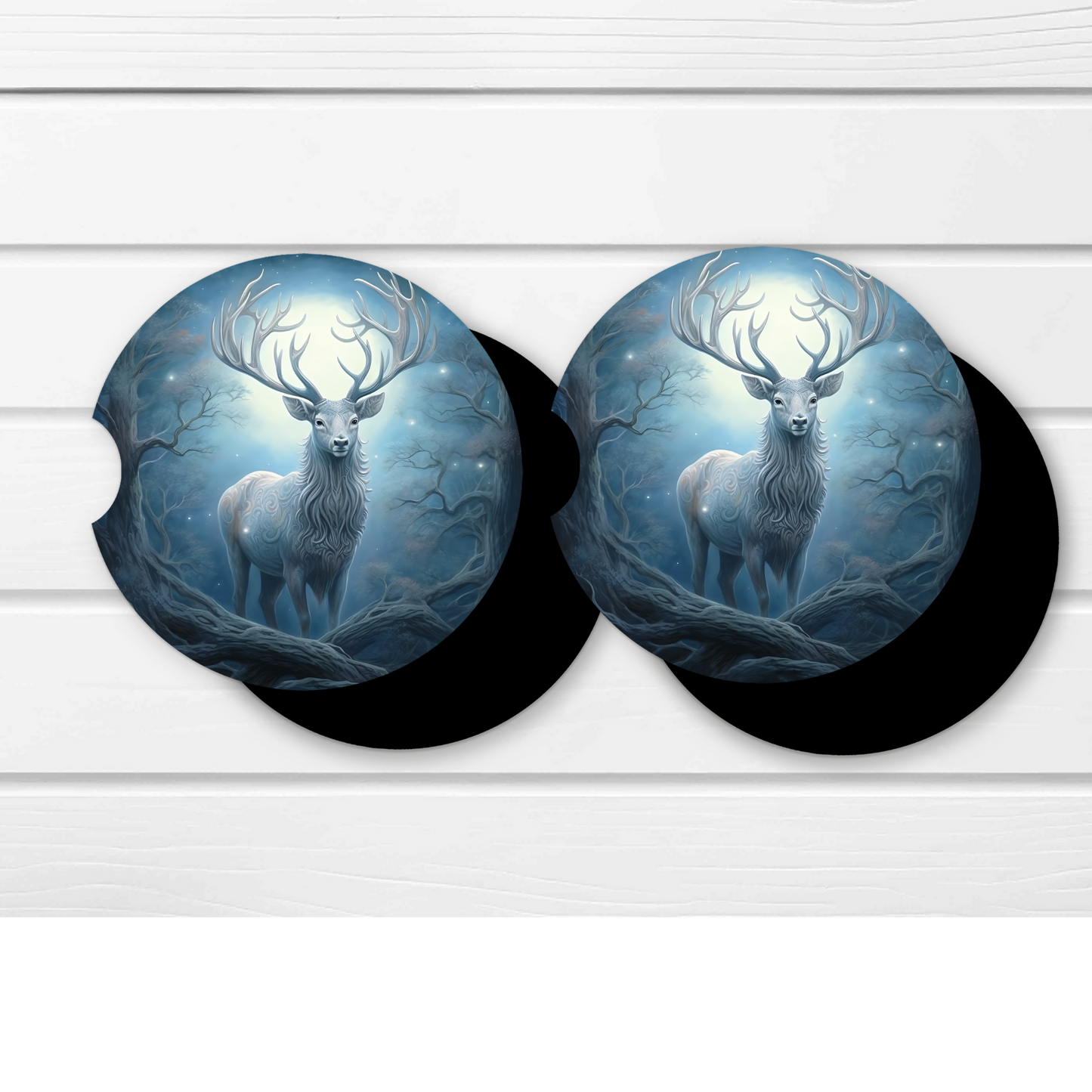 Premium Neoprene Car Coasters | Drink Holders for Your Car Console - Set of 2 Enchanted Stag Design