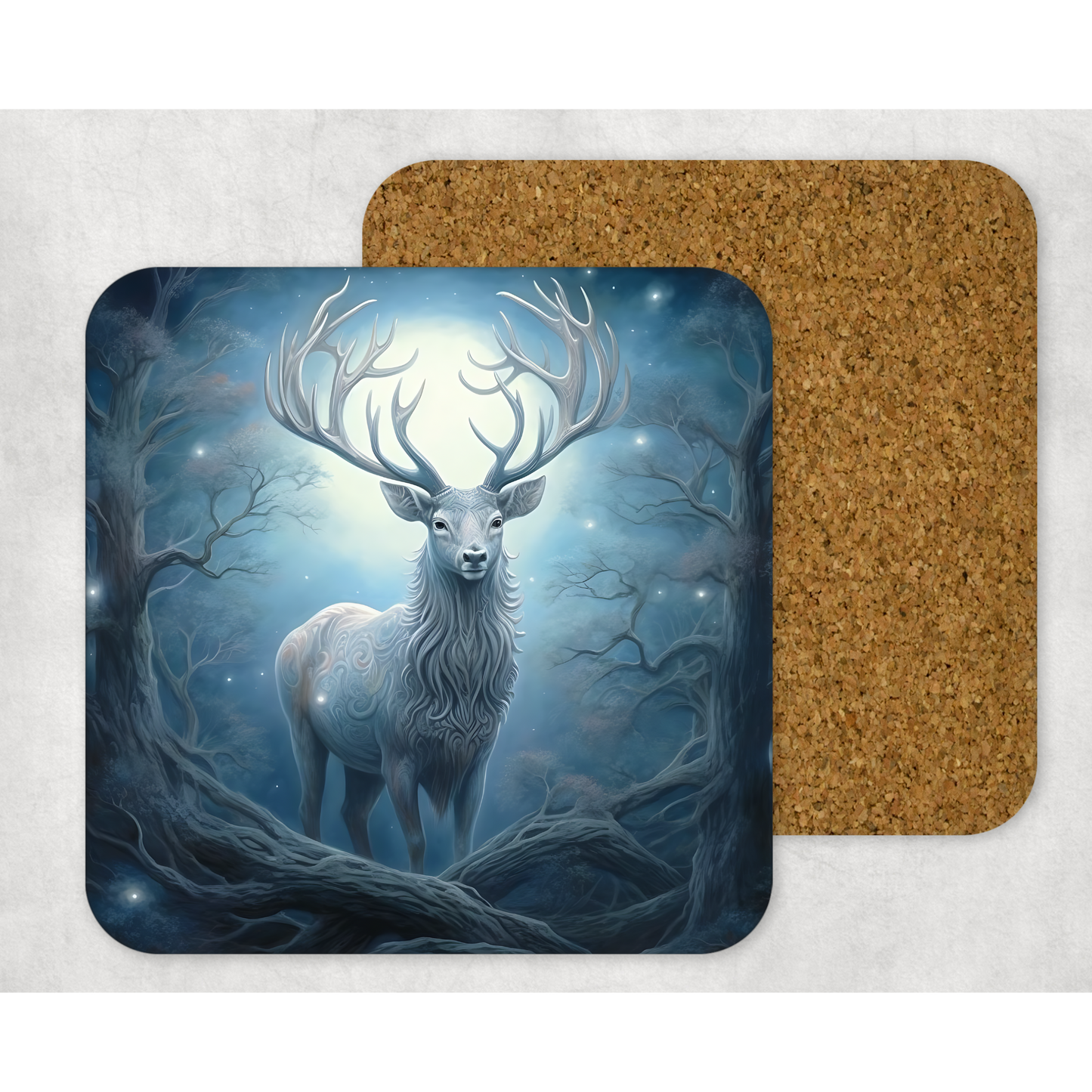 Beautifully Printed Enchanted Stag Wooden Coasters for Stylish Home Décor