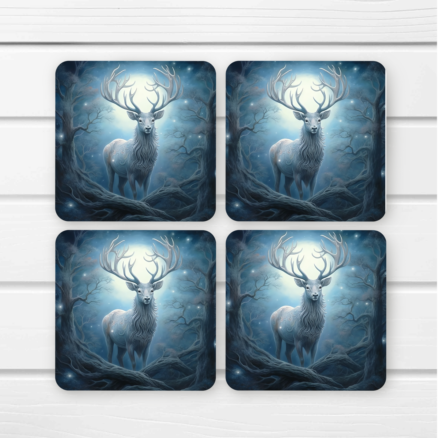Beautifully Printed Enchanted Stag Wooden Coasters for Stylish Home Décor