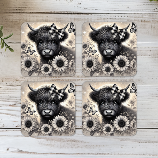 Fluffy Highland Cow Wooden Square Coasters