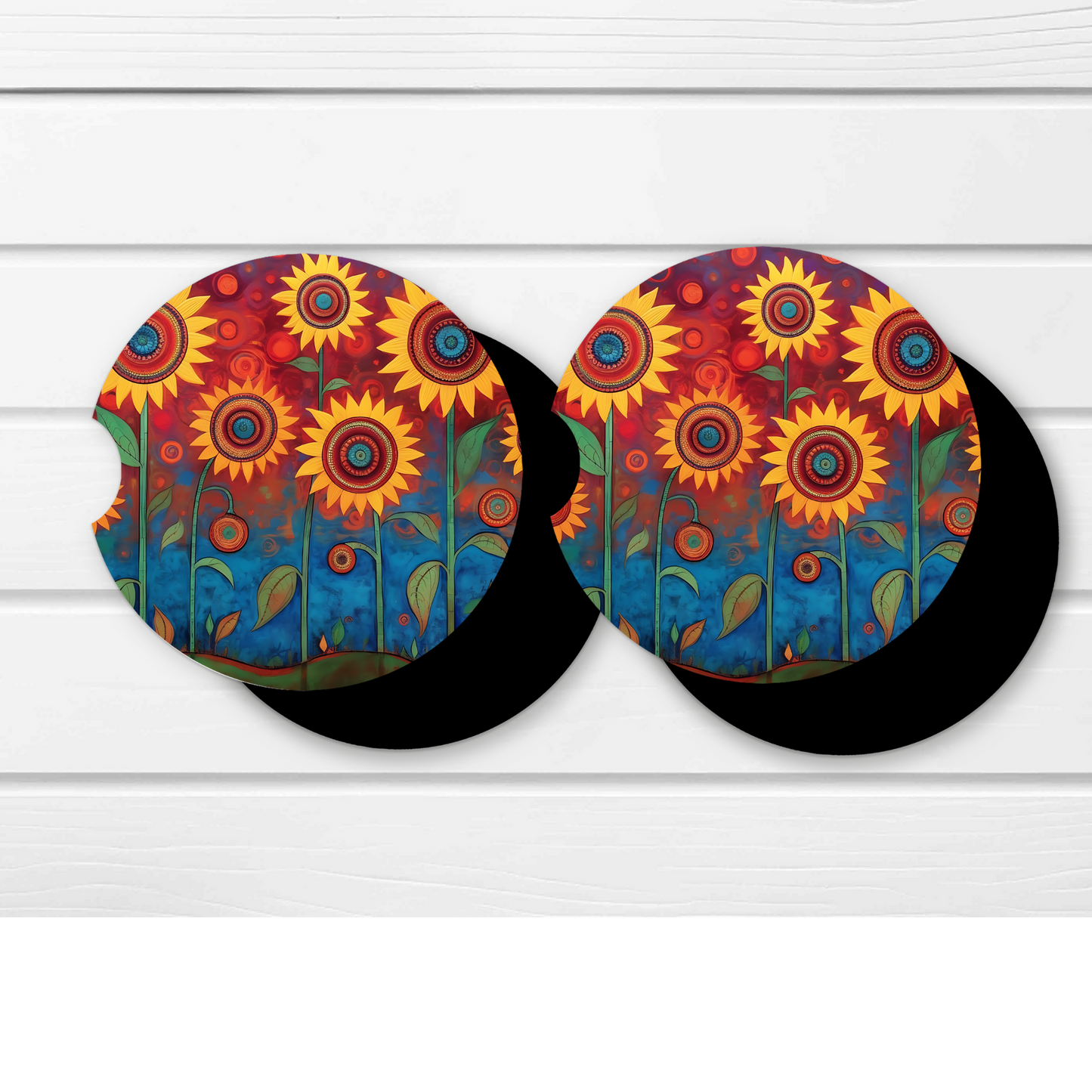 Premium Neoprene Car Coasters | Drink Holders for Your Car Console - Set of 2 Folk Art Sunflowers Design