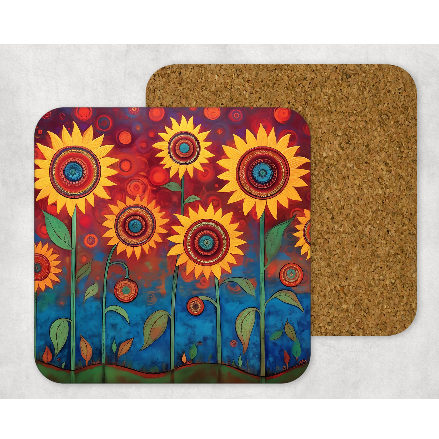Beautifully Printed Folk Art Sunflowers Wooden Coasters for Stylish Home Décor