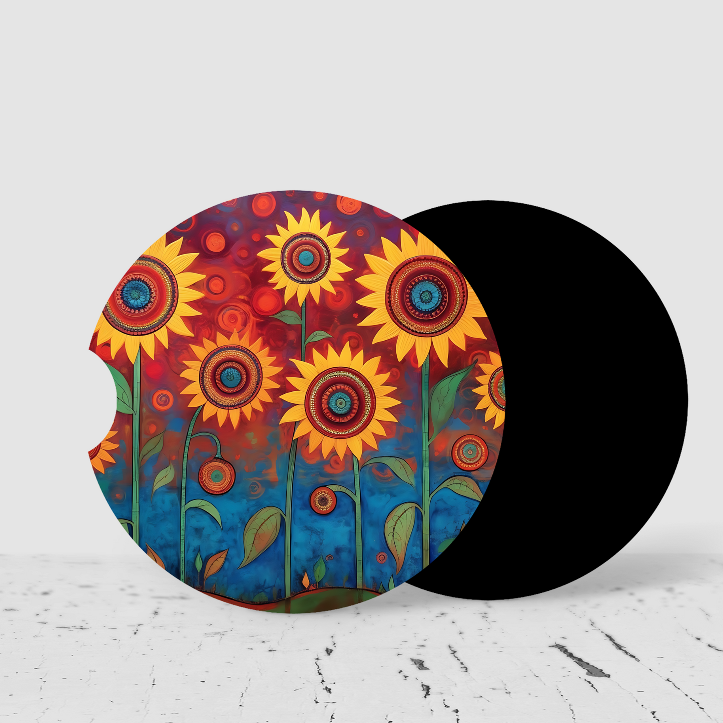 Premium Neoprene Car Coasters | Drink Holders for Your Car Console - Set of 2 Folk Art Sunflowers Design