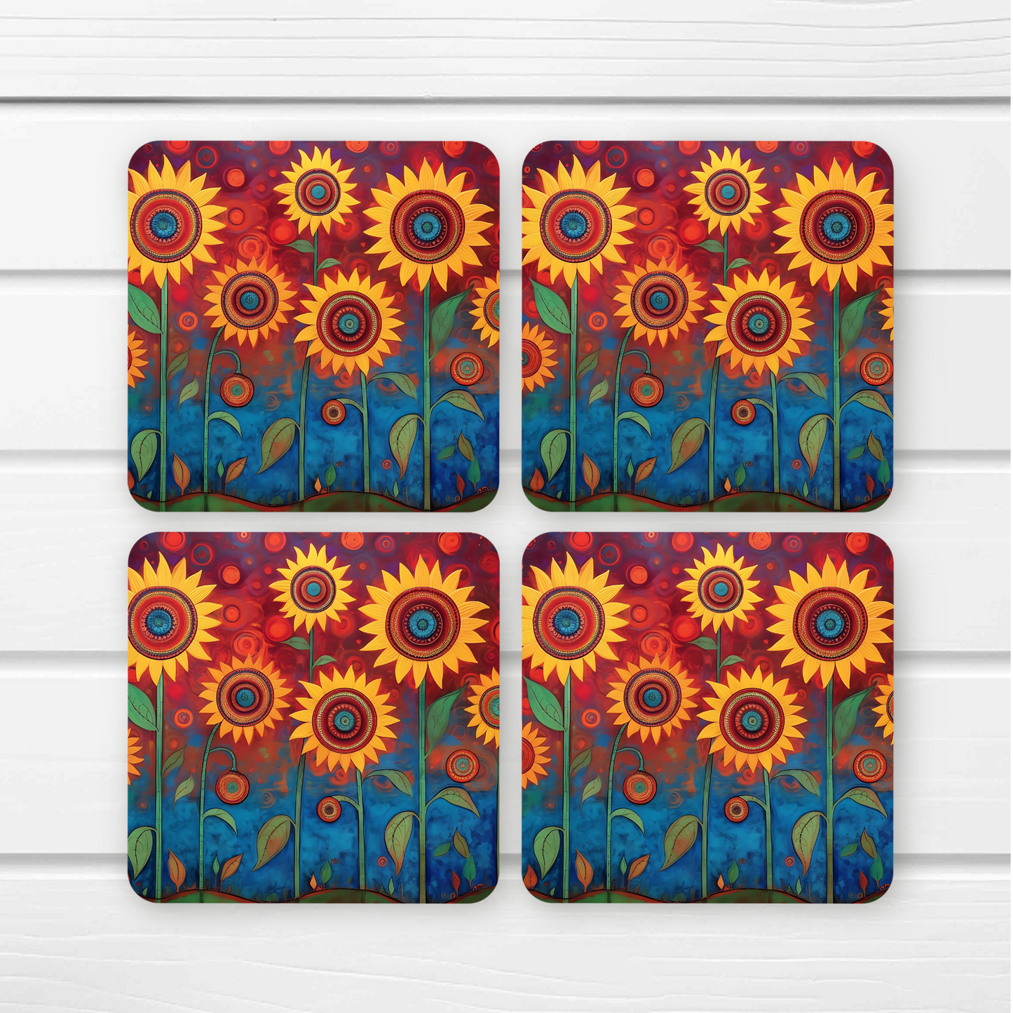 Beautifully Printed Folk Art Sunflowers Wooden Coasters for Stylish Home Décor