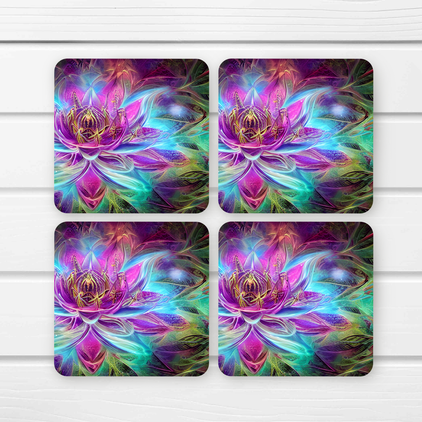 Beautifully Printed Fractal Lotus Wooden Coasters for Stylish Home Décor