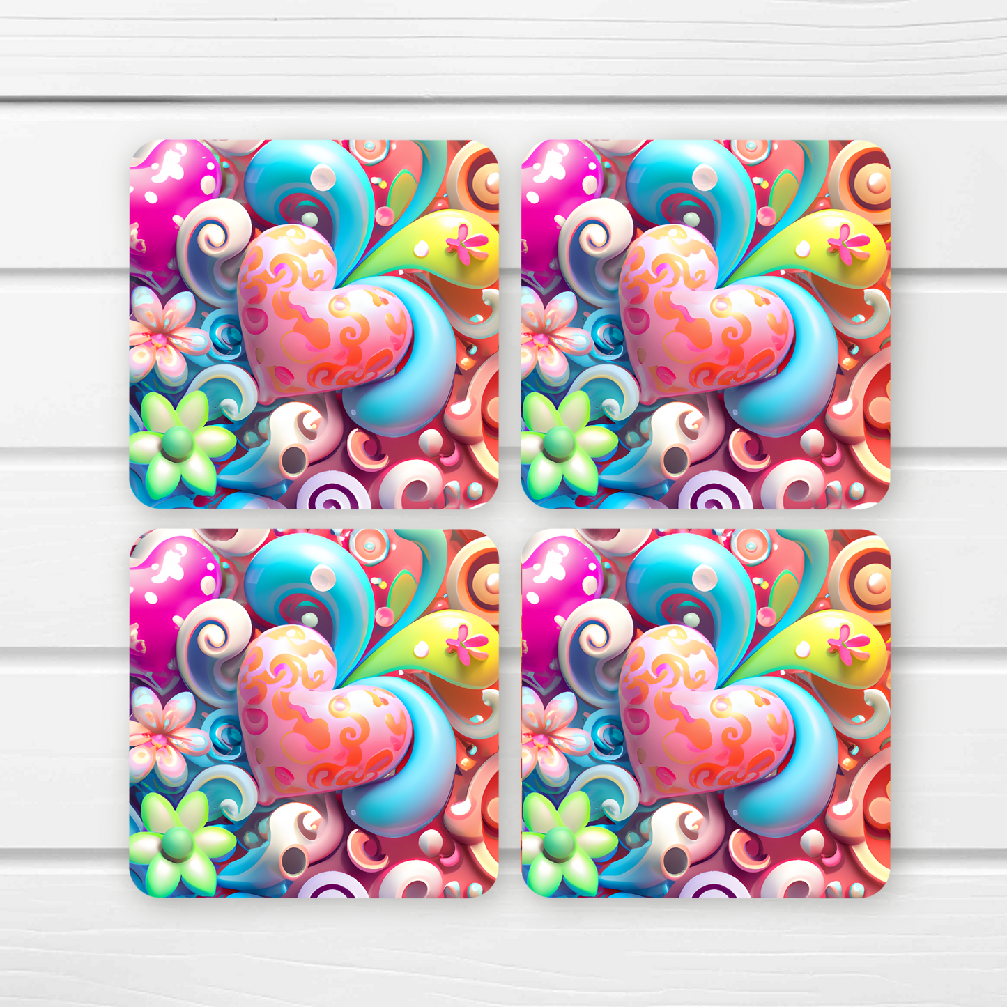 Beautifully Printed Fun Flowers & Hearts Wooden Coasters for Stylish Home Décor