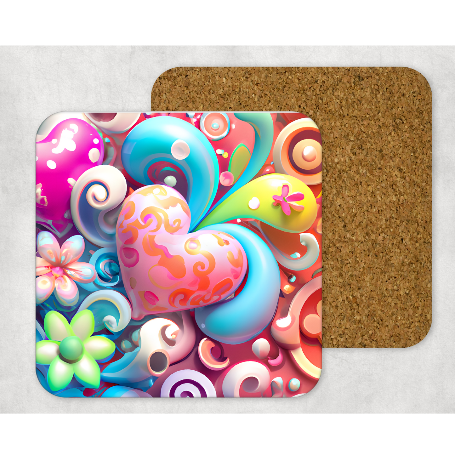 Beautifully Printed Fun Flowers & Hearts Wooden Coasters for Stylish Home Décor
