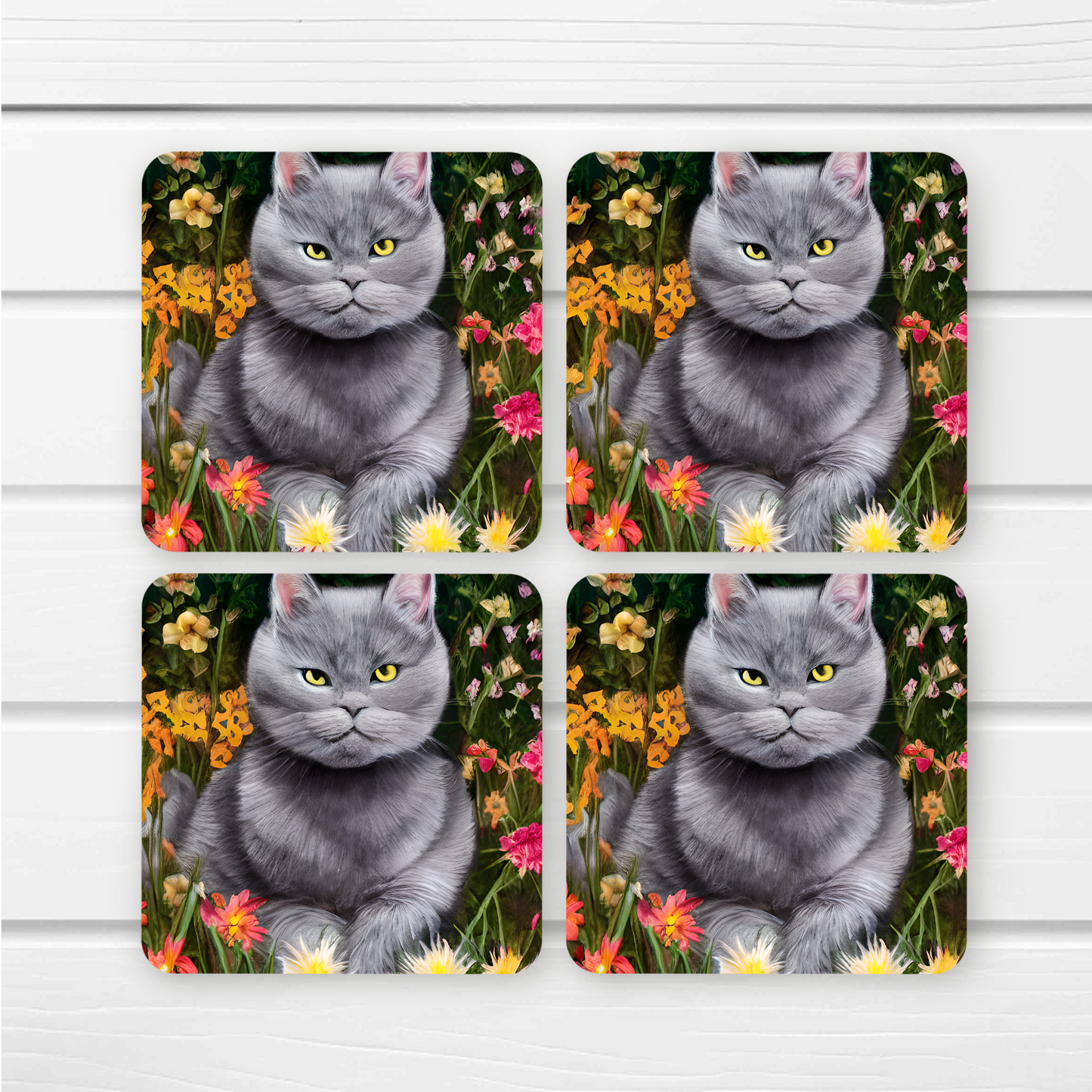 Beautifully Printed Grey Cat Wooden Coasters for Stylish Home Décor