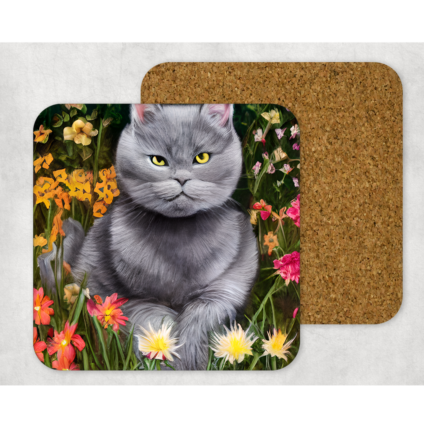 Beautifully Printed Grey Cat Wooden Coasters for Stylish Home Décor