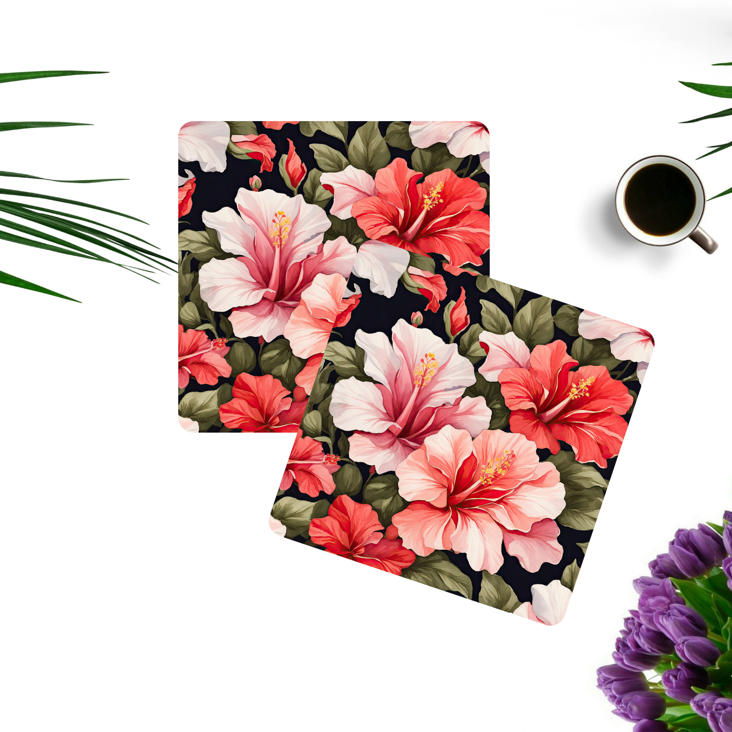 Beautifully Printed Hibiscus Wooden Coasters for Stylish Home Décor