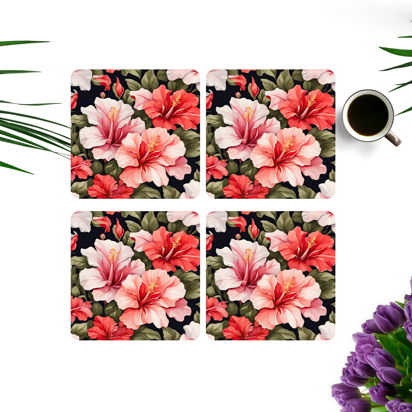 Beautifully Printed Hibiscus Wooden Coasters for Stylish Home Décor