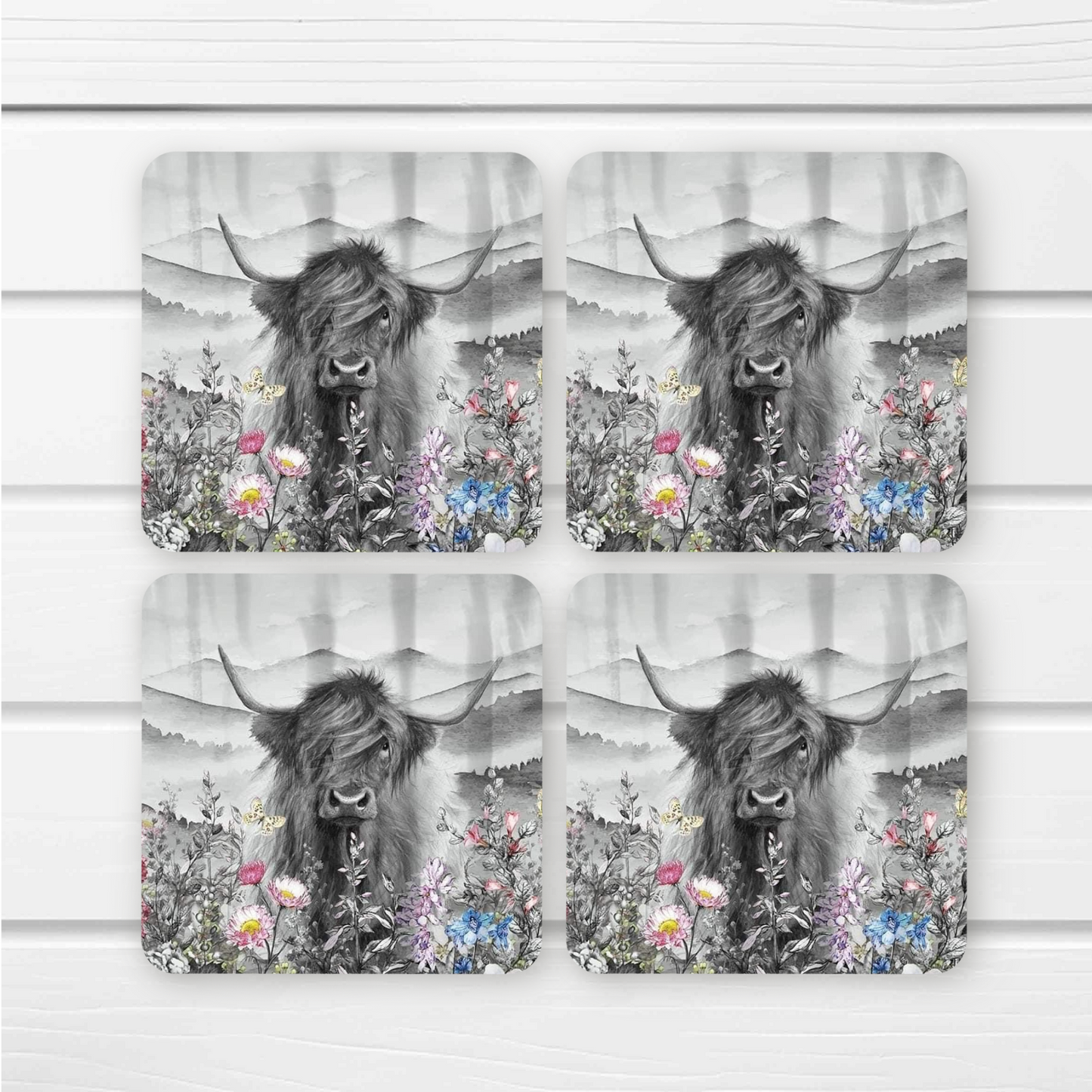 Beautifully Printed Highland Cow Wooden Coasters for Stylish Home Décor