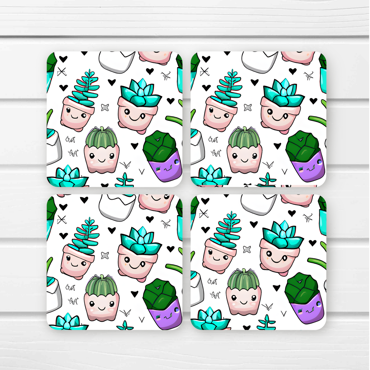 Beautifully Printed Kawaii Succulents Wooden Coasters for Stylish Home Décor