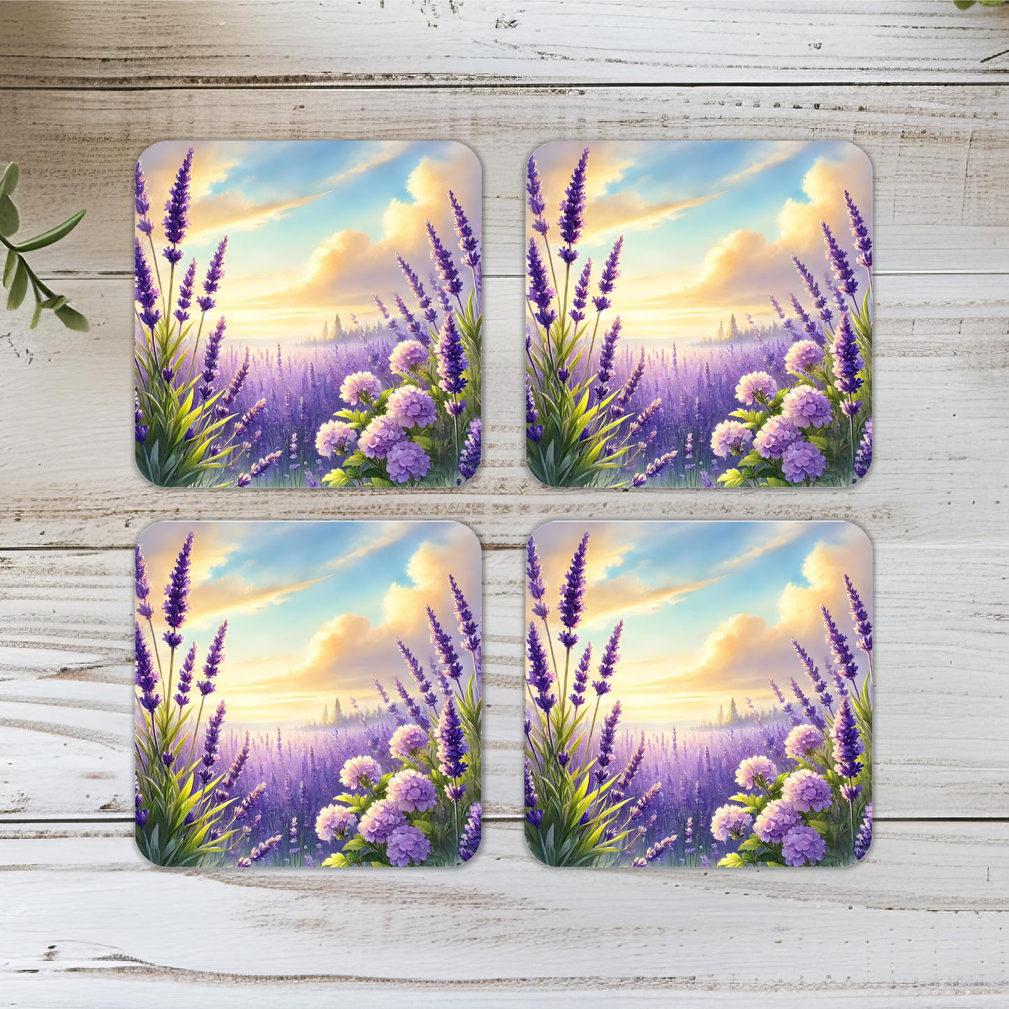 Lavender Field Wooden Square Coasters