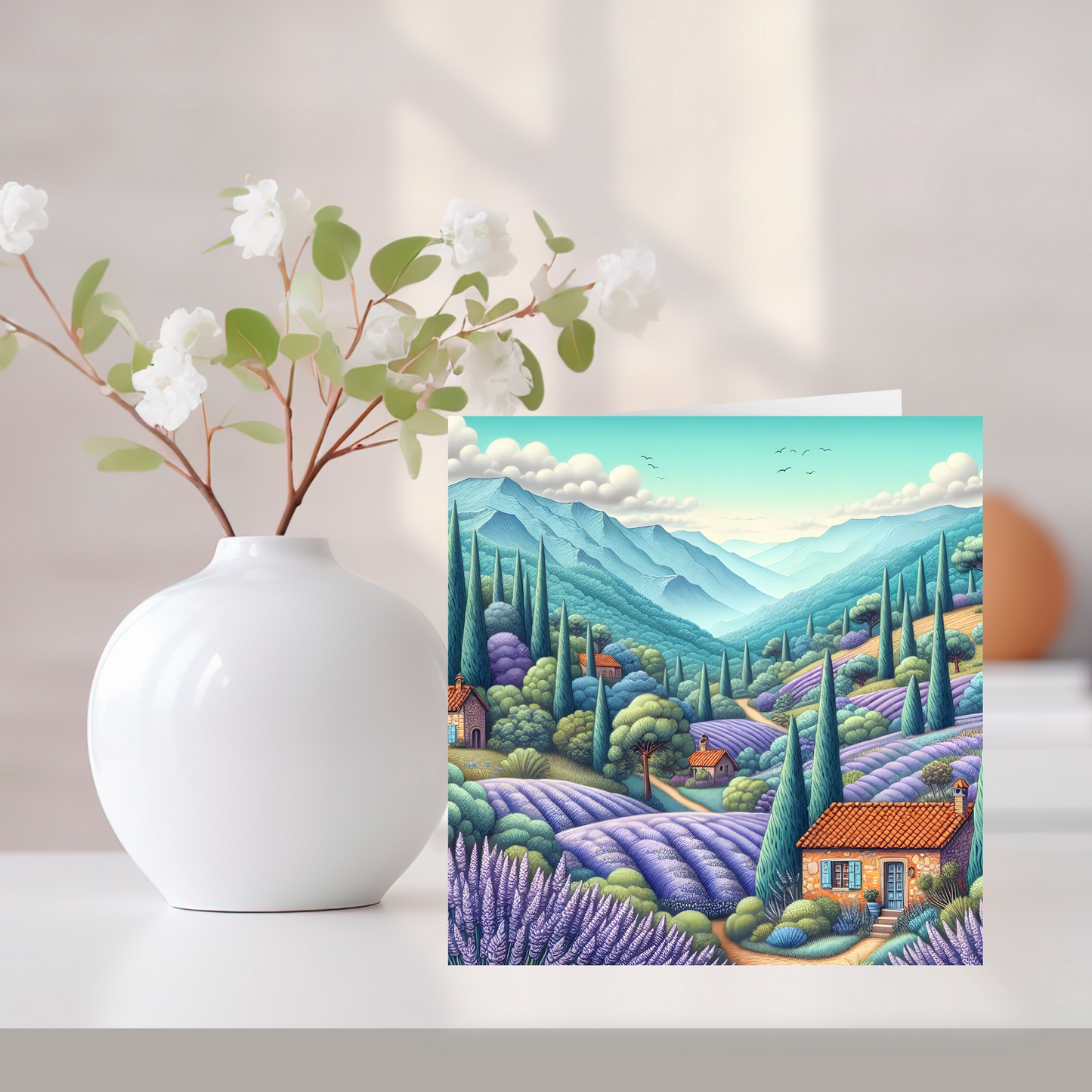 Lavender Fieldsl Greeting Card –Illustrated Blank Valentines Card