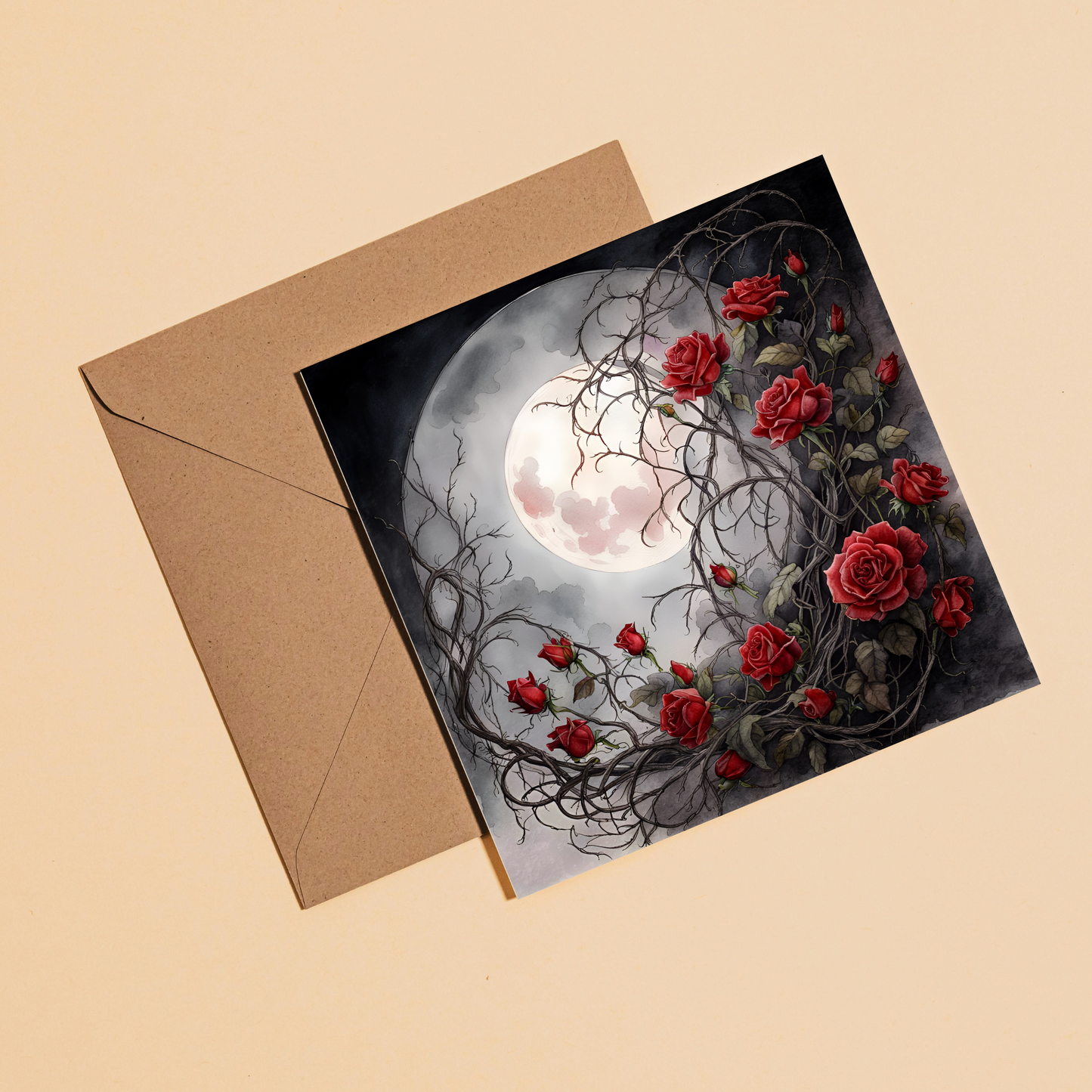 Moon & Roses Greeting Card –Illustrated Blank Birthday Card