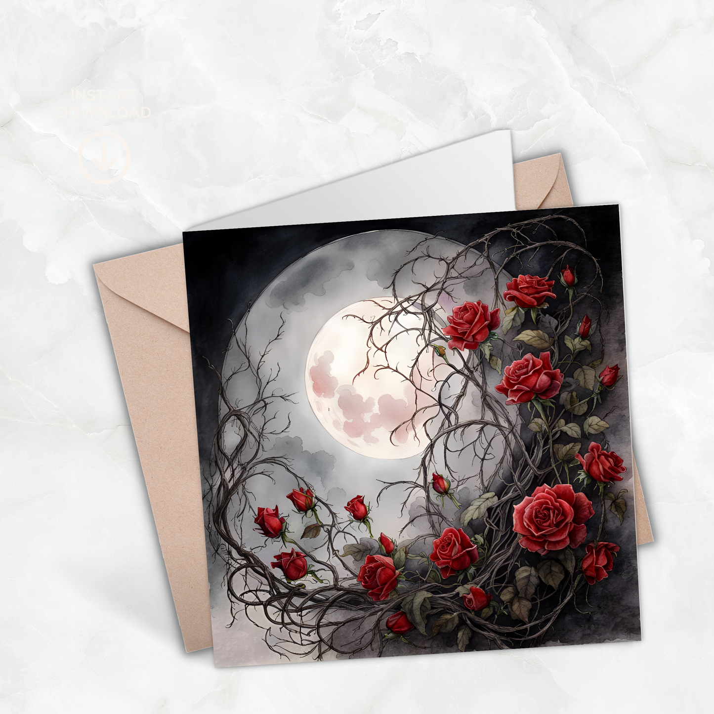 Moon & Roses Greeting Card –Illustrated Blank Birthday Card