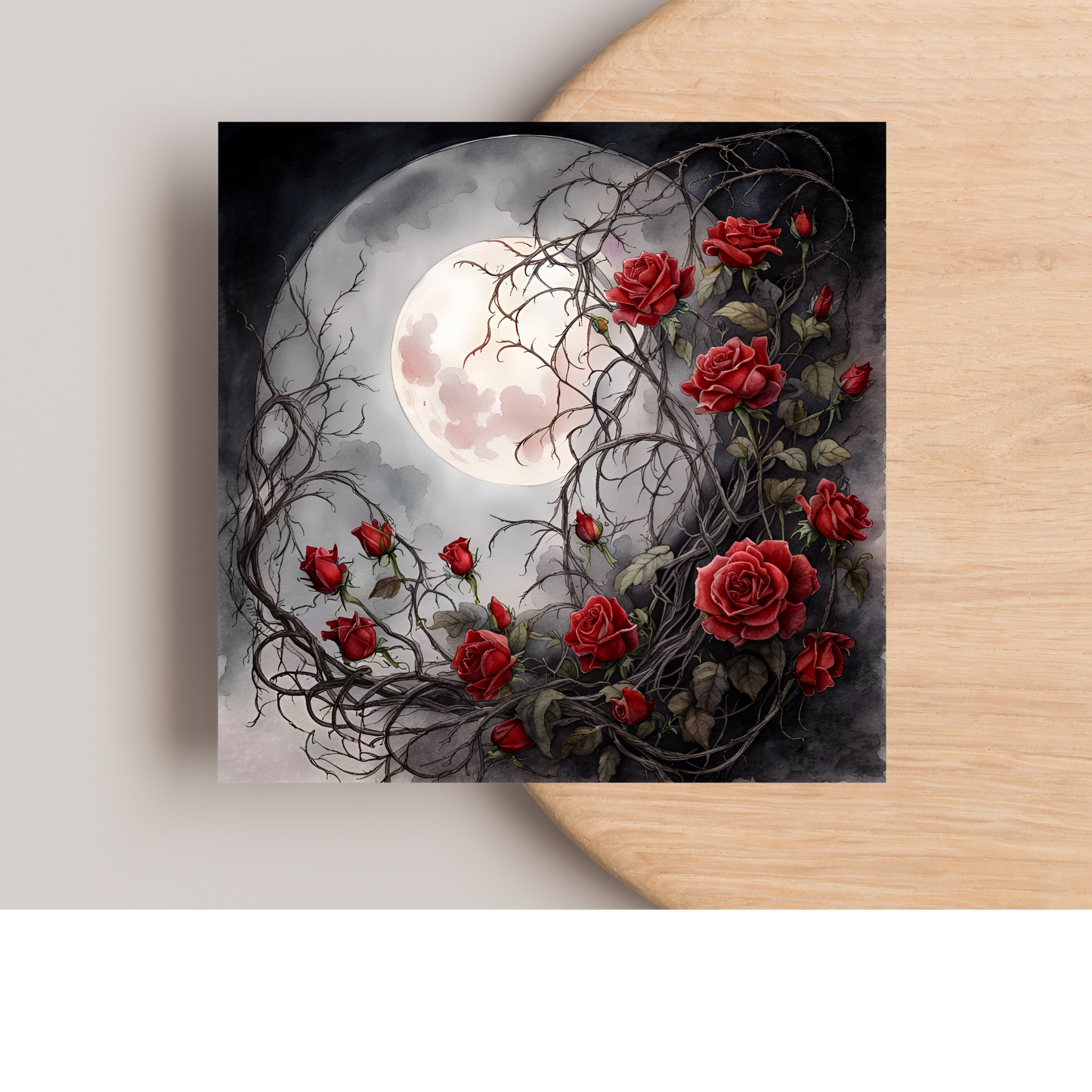 Moon & Roses Greeting Card –Illustrated Blank Birthday Card
