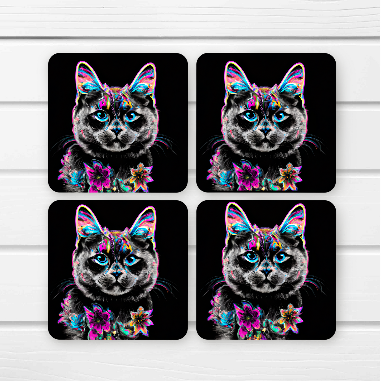 Beautifully Printed Neon Black Cat Wooden Coasters for Stylish Home Décor