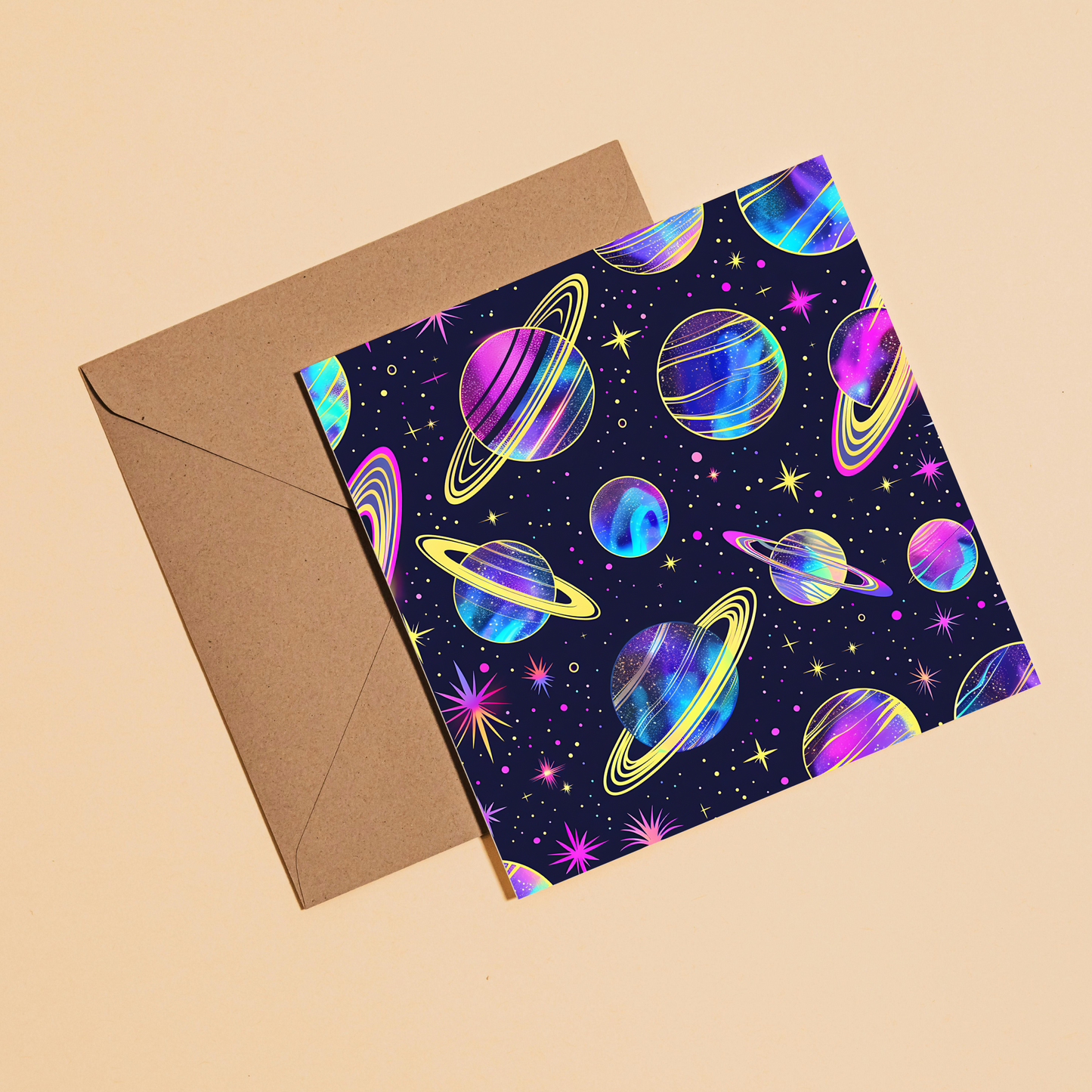 Neon Space Greeting Card –Illustrated Blank Birthday Card