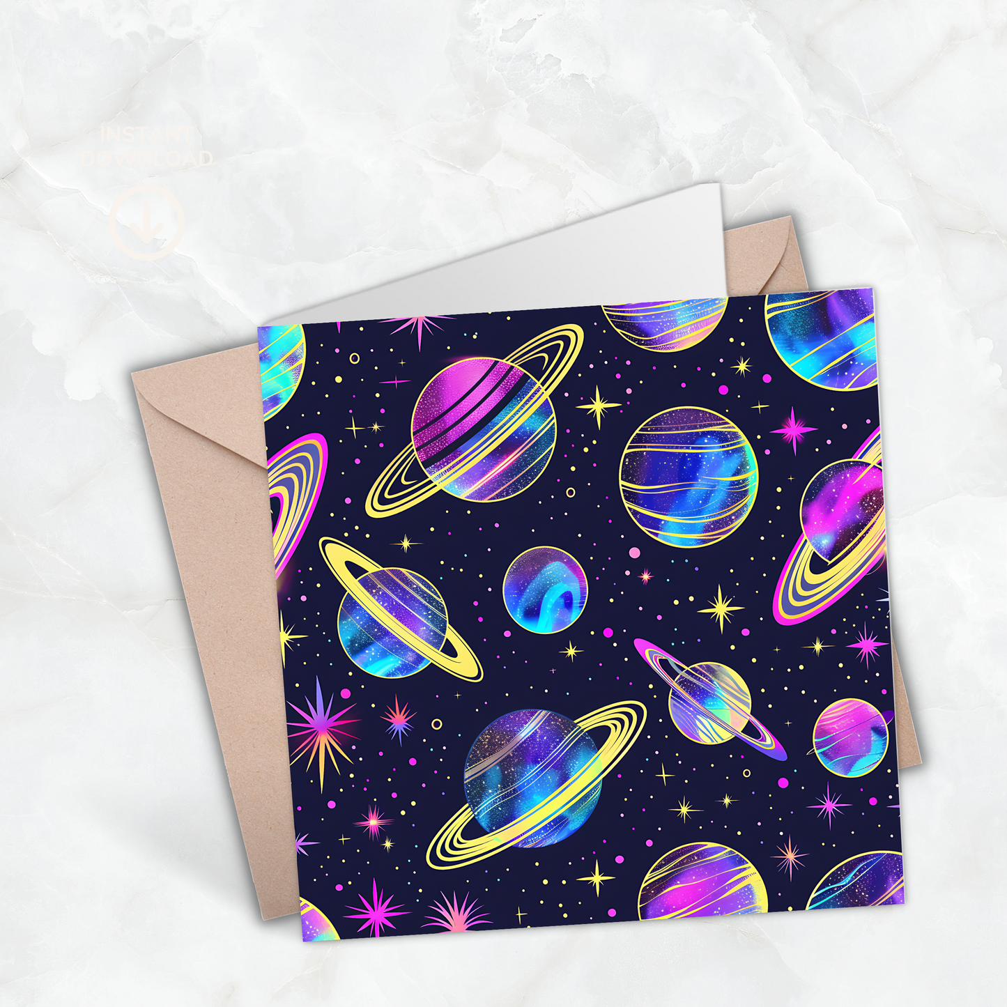 Neon Space Greeting Card –Illustrated Blank Birthday Card