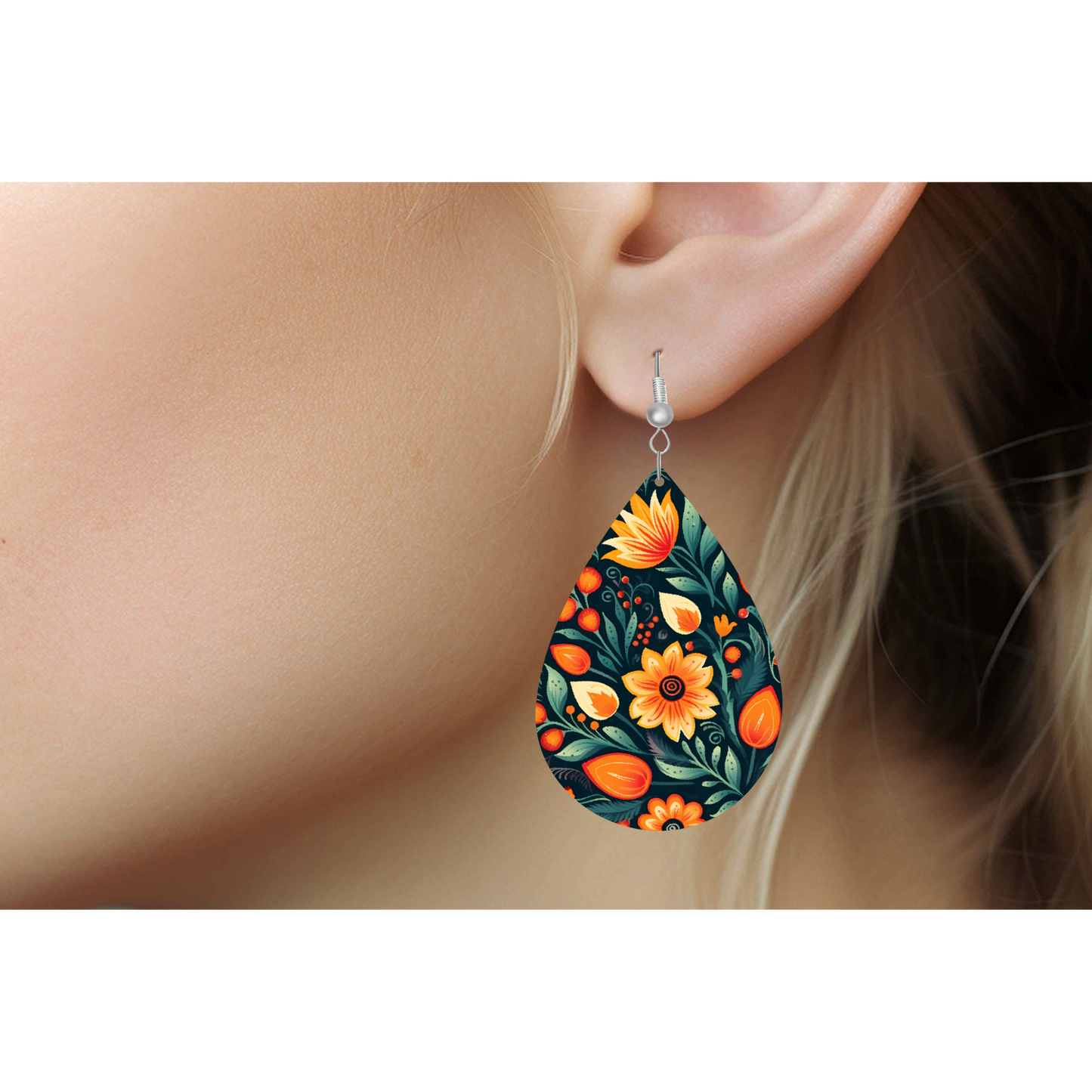 Stylish Orange Floral Wooden Teardrop Earrings | Handcrafted Statement Jewellery