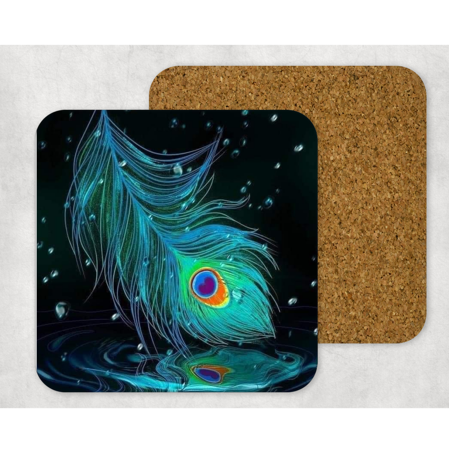 Beautifully Printed Peacock Feathers Wooden Coasters for Stylish Home Décor