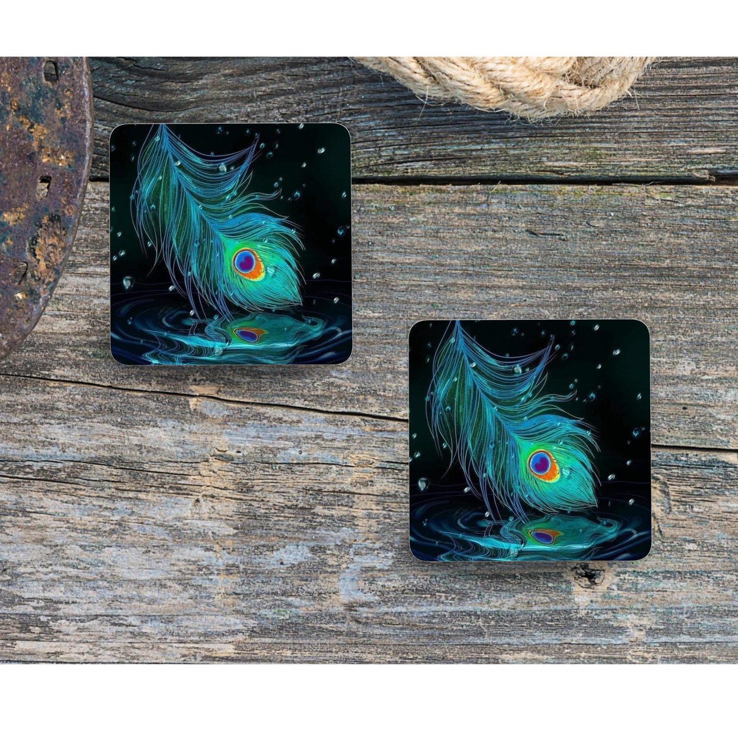 Beautifully Printed Peacock Feathers Wooden Coasters for Stylish Home Décor