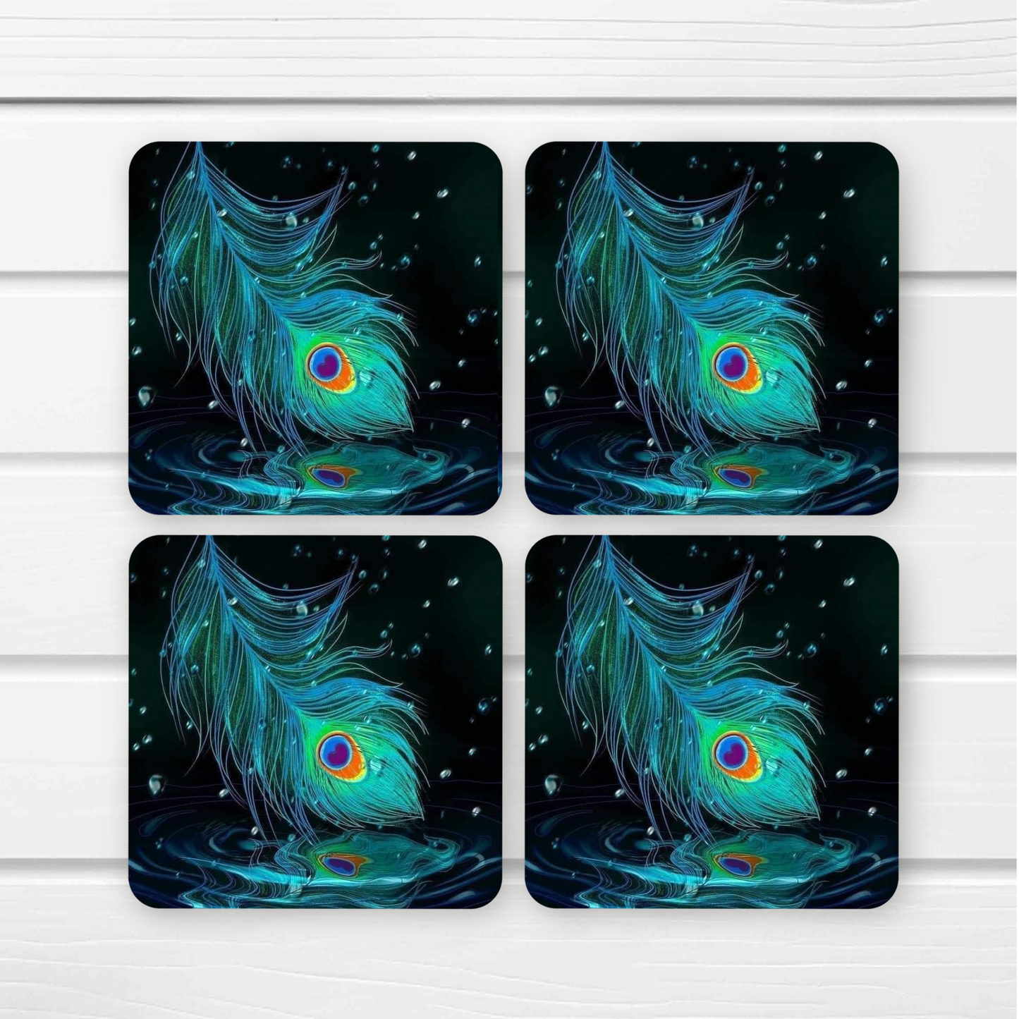Beautifully Printed Peacock Feathers Wooden Coasters for Stylish Home Décor