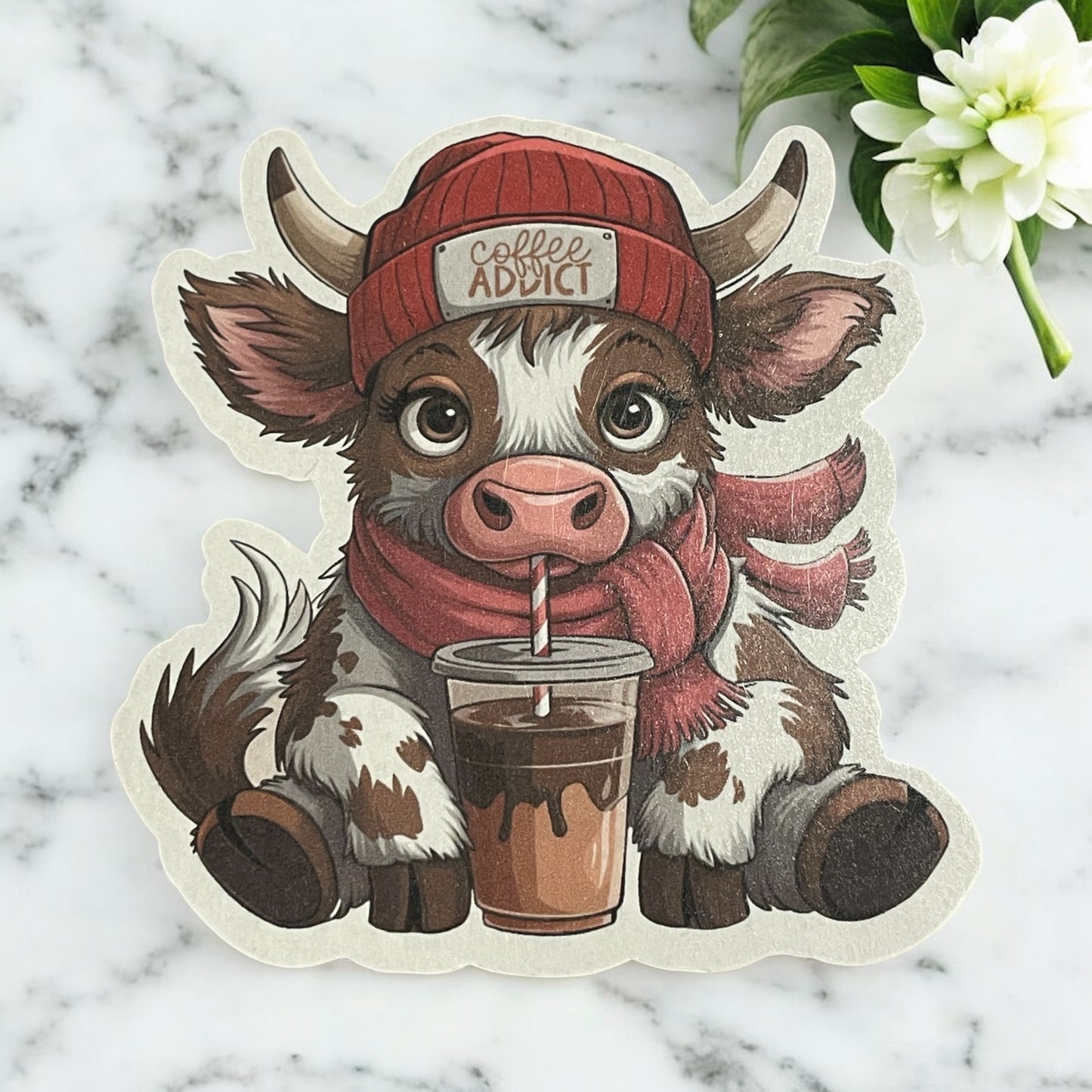 Coffee Addict Highland Cow Vinyl Sticker ,Laptop, scrapbook, junk journal ,crafts, Water Bottle